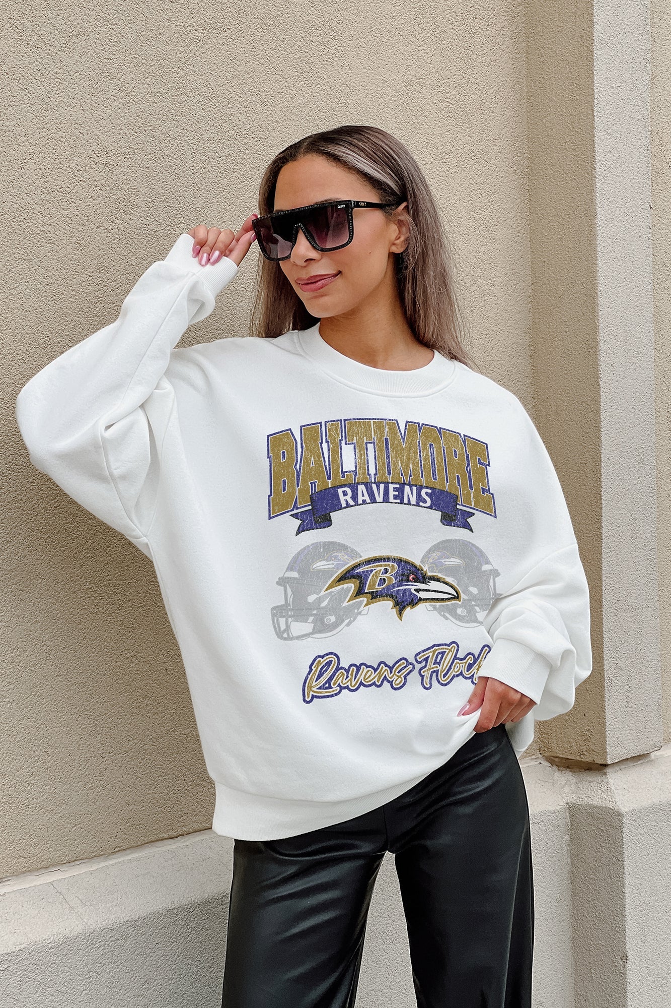 BALTIMORE RAVENS PASSING TIME PREMIUM FLEECE DROP SHOULDER CREWNECK PULLOVER