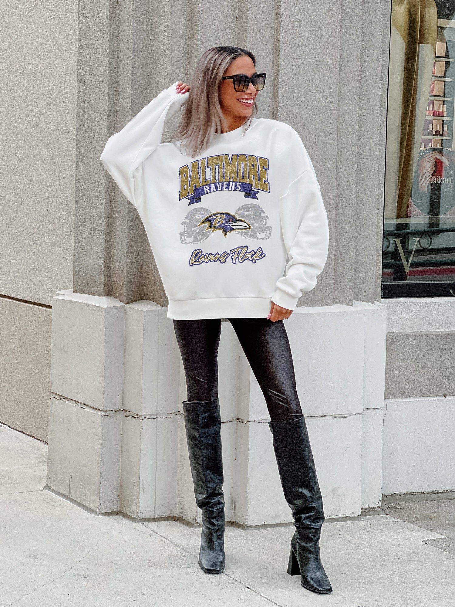 BALTIMORE RAVENS PASSING TIME PREMIUM FLEECE DROP SHOULDER CREWNECK PULLOVER