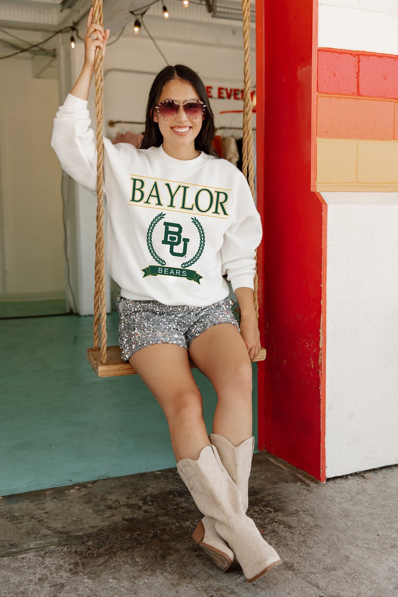 BAYLOR BEARS HAVING A BALL PREMIUM FLEECE DROP SHOULDER CREWNECK PULLOVER BY MADI PREWETT