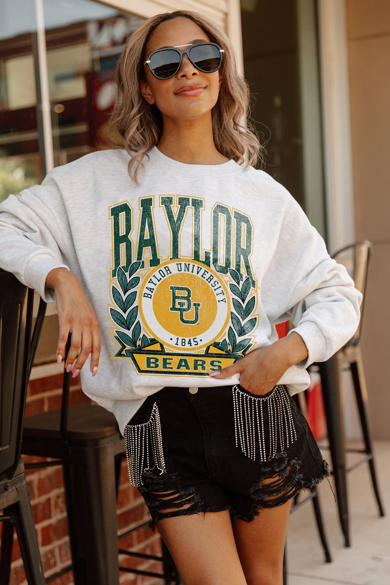 BAYLOR BEARS GO FIGHT WIN PREMIUM FLEECE DROP SHOULDER CREWNECK PULLOVER BY MADI PREWETT