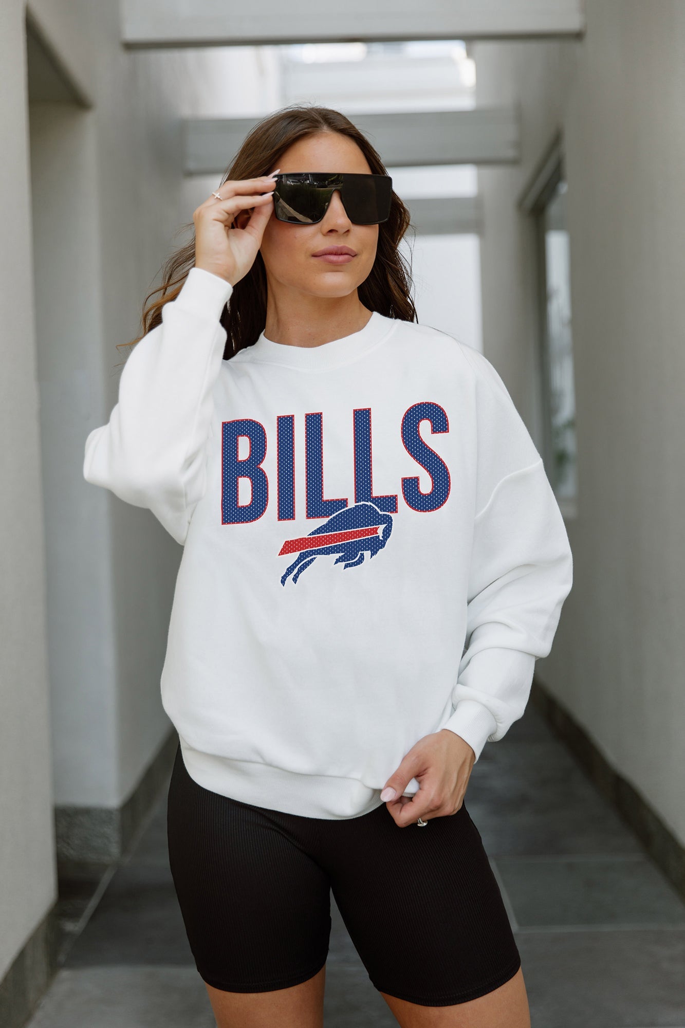 BUFFALO BILLS JUST GO WITH IT PREMIUM FLEECE DROP SHOULDER CREWNECK PULLOVER