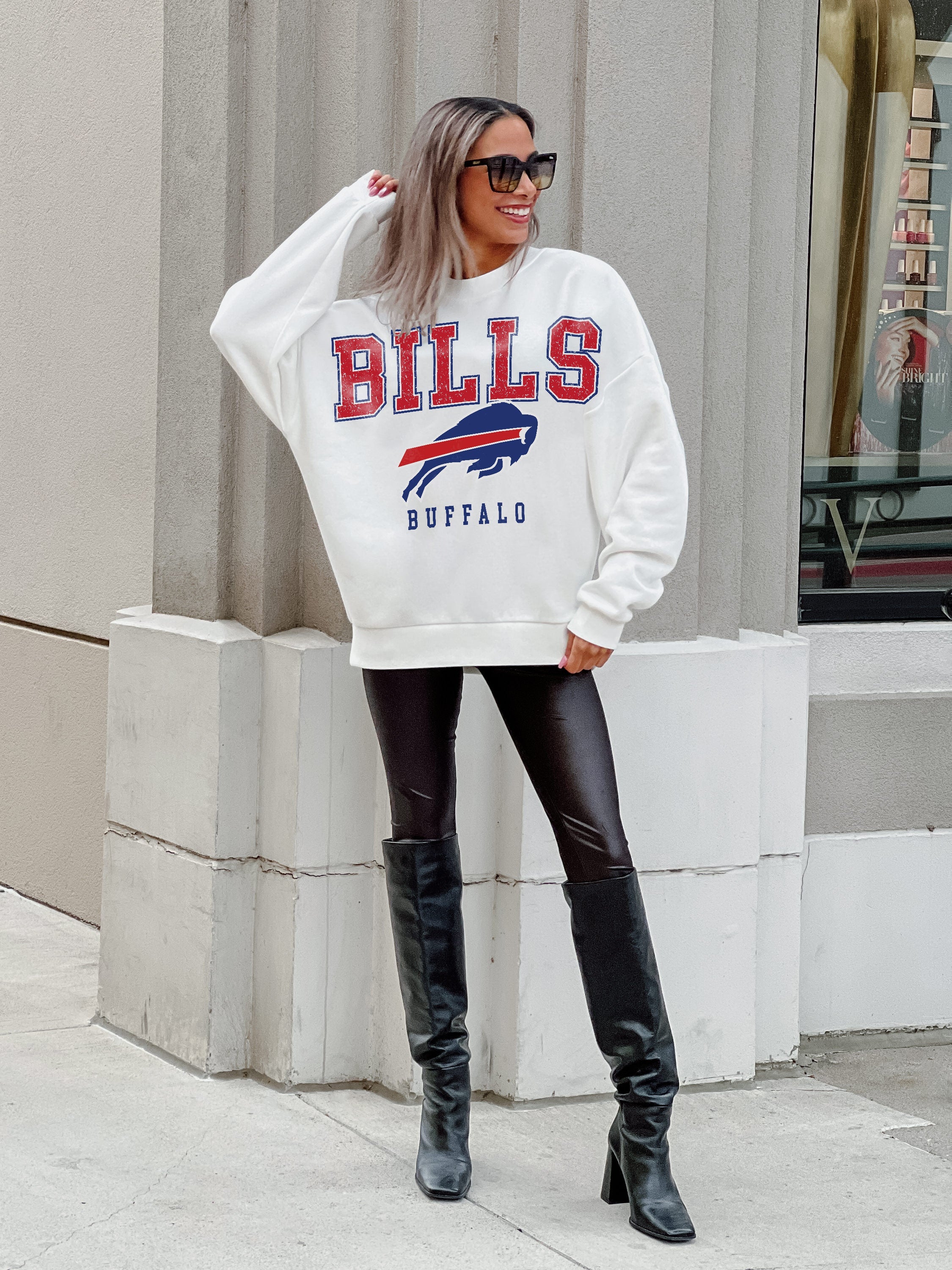 BUFFALO BILLS JUST GO WITH IT PREMIUM FLEECE DROP SHOULDER CREWNECK PULLOVER