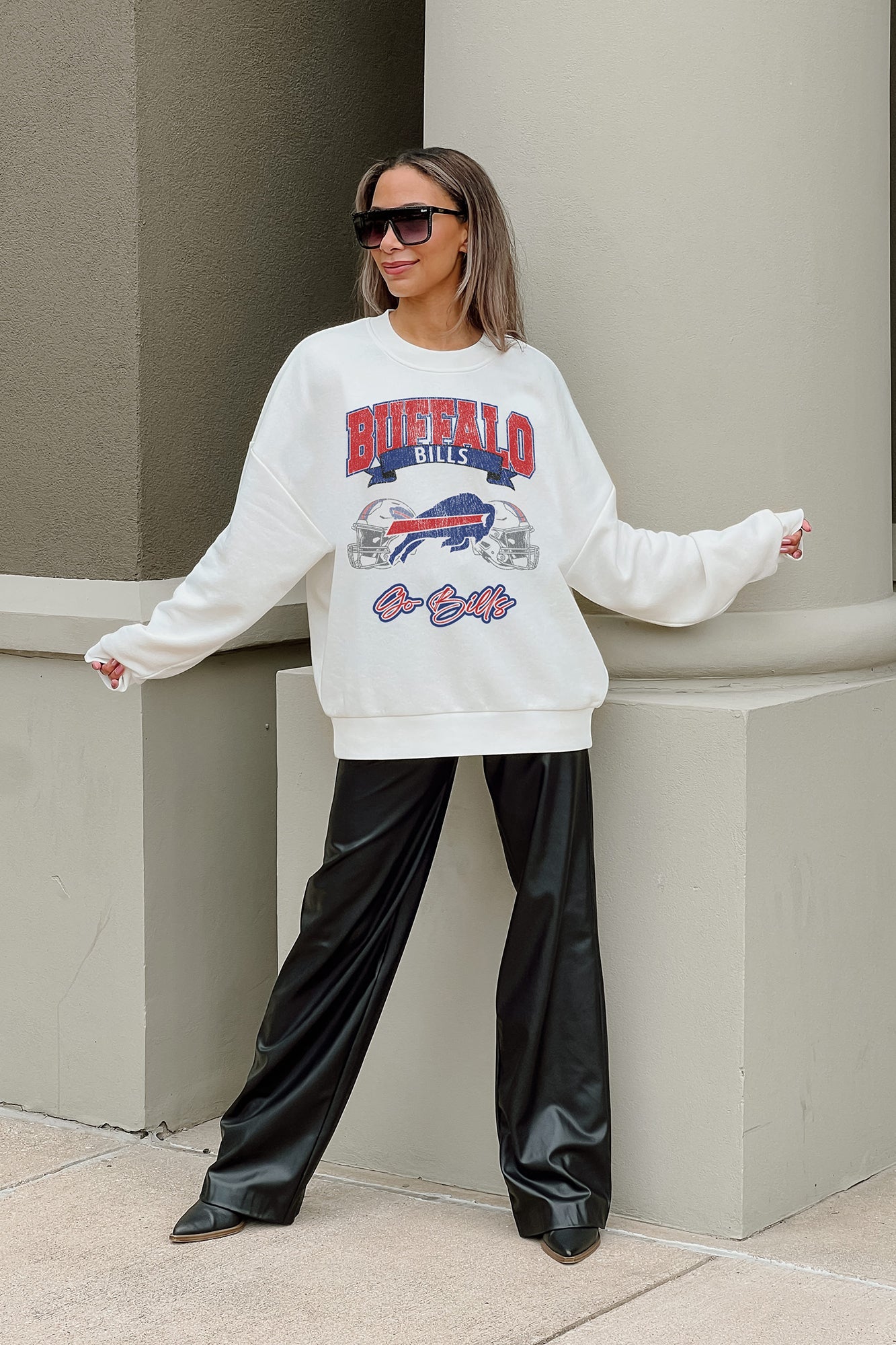 BUFFALO BILLS PASSING TIME PREMIUM FLEECE DROP SHOULDER CREWNECK PULLOVER