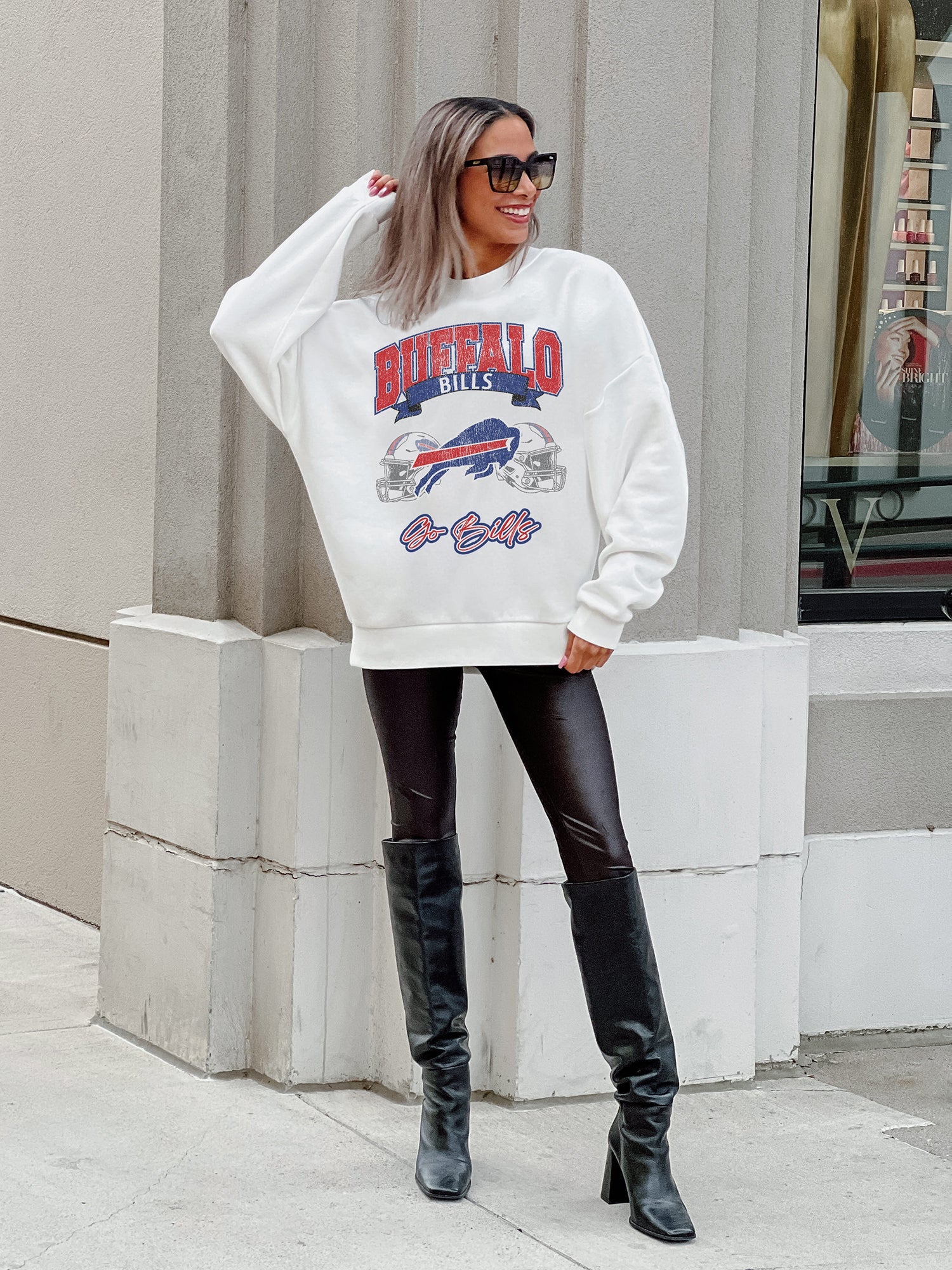 BUFFALO BILLS PASSING TIME PREMIUM FLEECE DROP SHOULDER CREWNECK PULLOVER