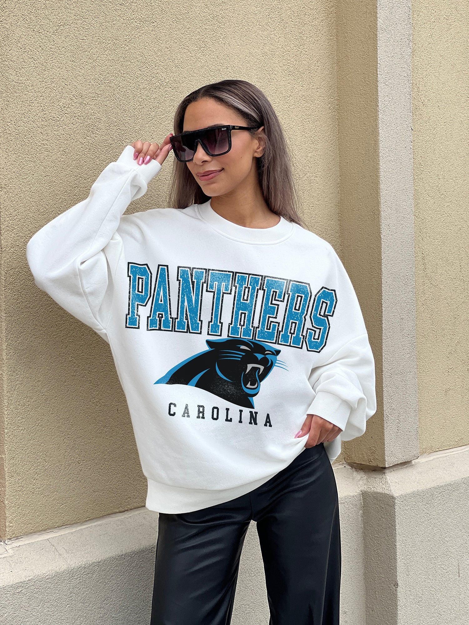 CAROLINA PANTHERS SUNDAY DRIVES PREMIUM FLEECE DROP SHOULDER CREWNECK PULLOVER