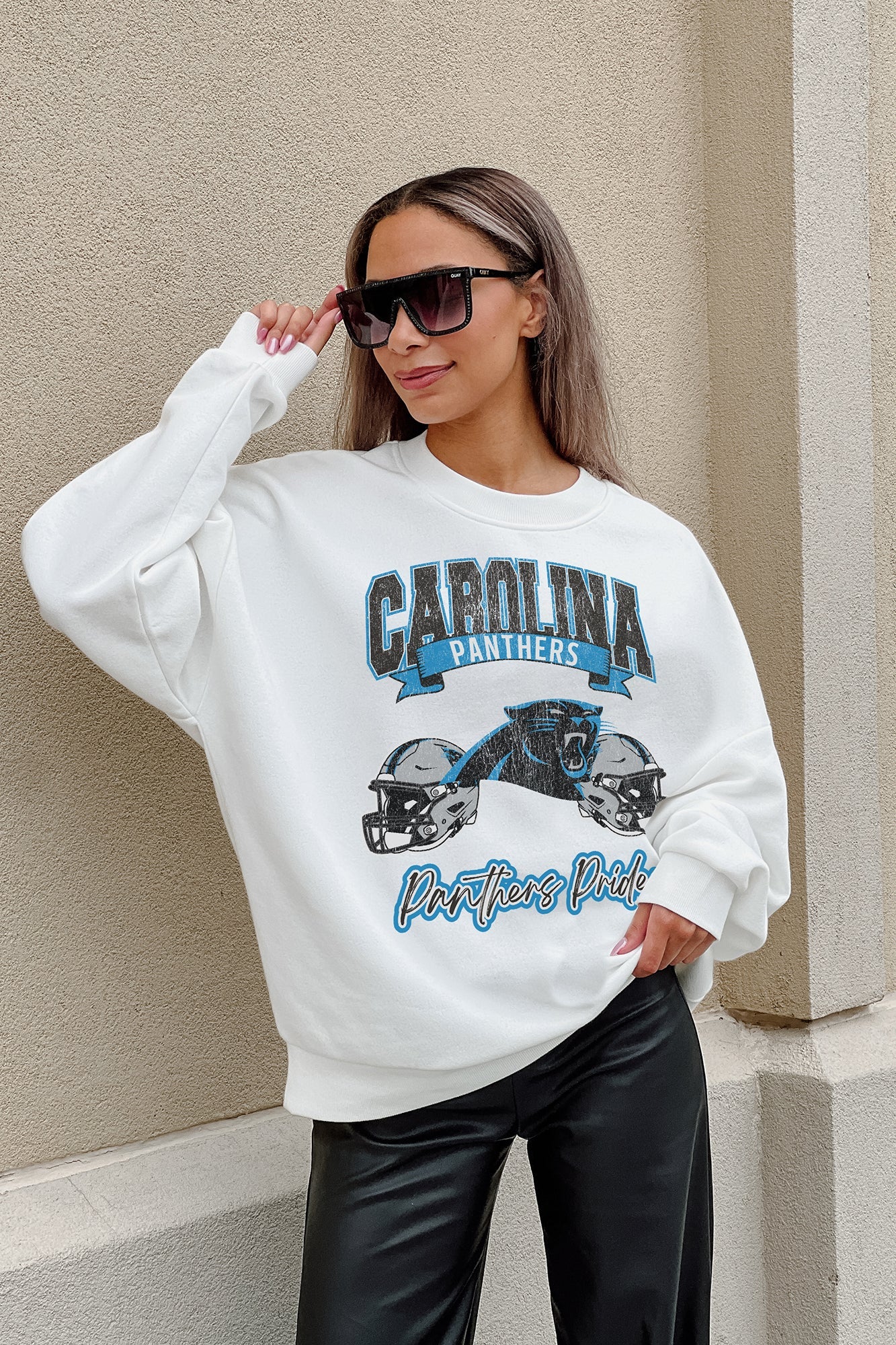 CAROLINA PANTHERS PASSING TIME PREMIUM FLEECE DROP SHOULDER CREWNECK PULLOVER