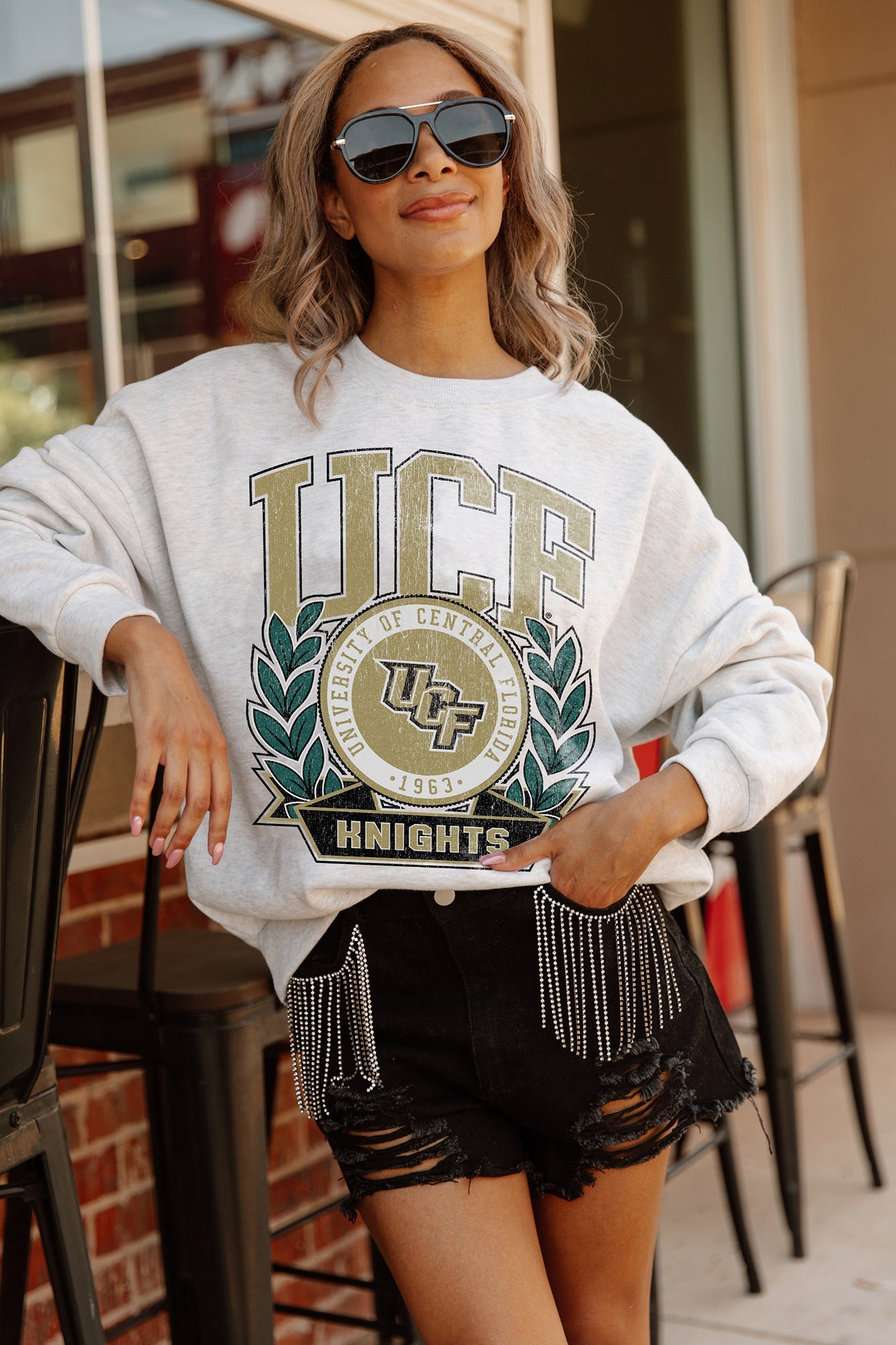 CENTRAL FLORIDA KNIGHTS GO FIGHT WIN PREMIUM FLEECE DROP SHOULDER CREWNECK PULLOVER BY MADI PREWETT