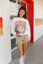 CLEMSON TIGERS TIME TO TAILGATE PREMIUM FLEECE DROP SHOULDER CREWNECK PULLOVER BY MADI PREWETT