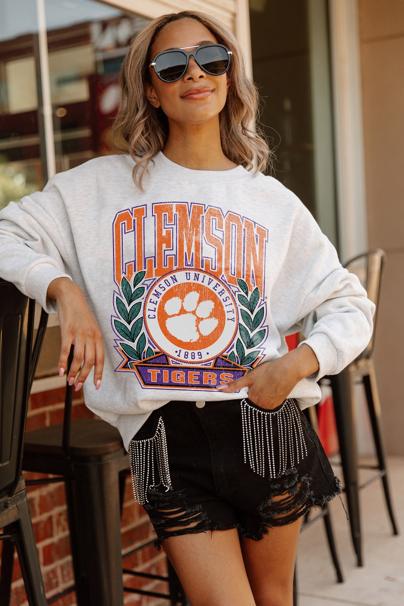 CLEMSON TIGERS GO FIGHT WIN PREMIUM FLEECE DROP SHOULDER CREWNECK PULLOVER BY MADI PREWETT