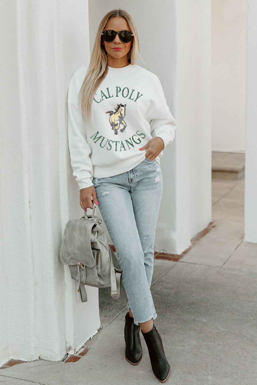 CAL POLY MUSTANGS PLAY ON PREMIUM FLEECE DROP SHOULDER CREWNECK PULLOVER