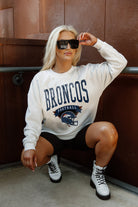 DENVER BRONCOS YARD LINE LONG SLEEVE FLEECE CREWNECK SWEATSHIRT WITH RIBBED KNIT COLLAR, WRIST, AND WAISTBAND