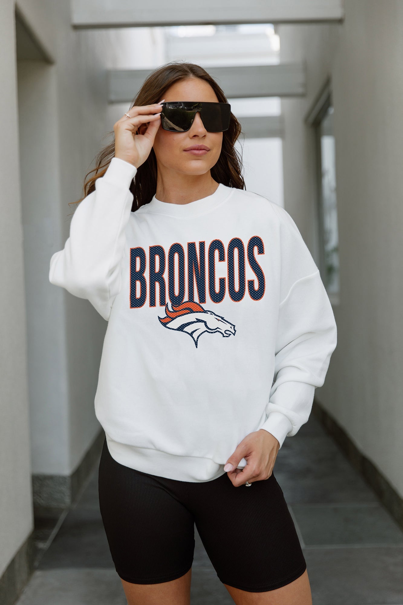 DENVER BRONCOS JUST GO WITH IT PREMIUM FLEECE DROP SHOULDER CREWNECK PULLOVER