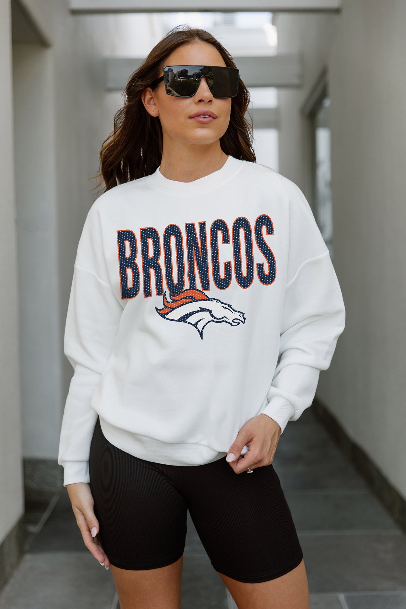 DENVER BRONCOS JUST GO WITH IT PREMIUM FLEECE DROP SHOULDER CREWNECK PULLOVER