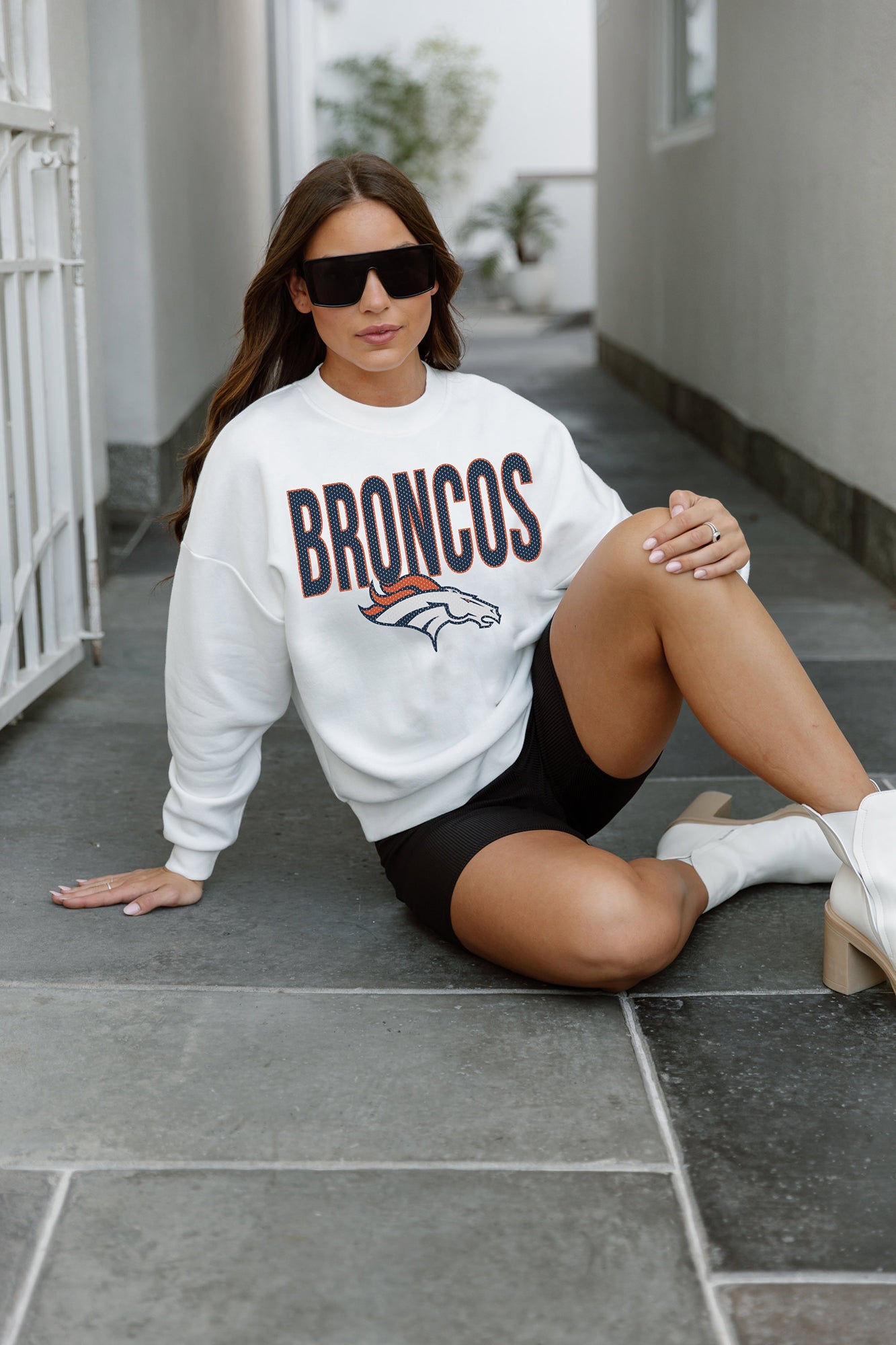 DENVER BRONCOS JUST GO WITH IT PREMIUM FLEECE DROP SHOULDER CREWNECK PULLOVER