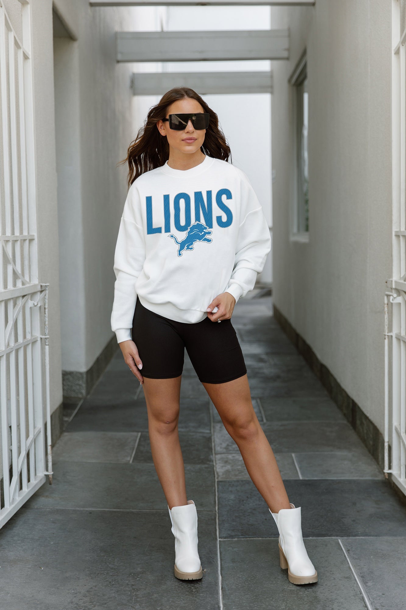 DETROIT LIONS JUST GO WITH IT PREMIUM FLEECE DROP SHOULDER CREWNECK PULLOVER