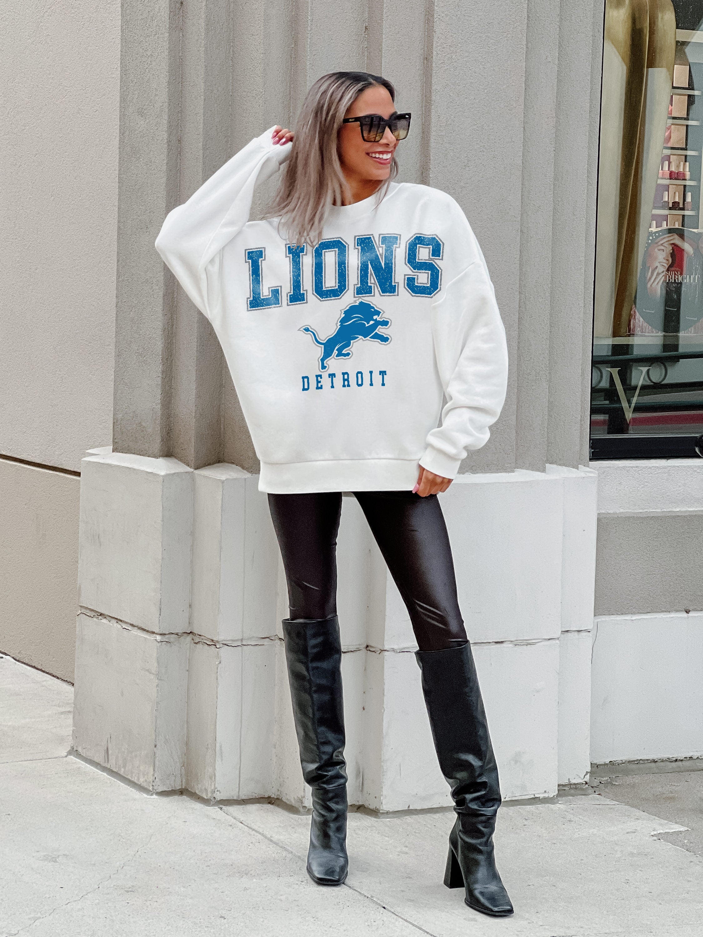 DETROIT LIONS COUTURE CREW FRENCH TERRY VINTAGE WASH STUDDED SHOULDER  DETAIL LONG SLEEVE PULLOVER