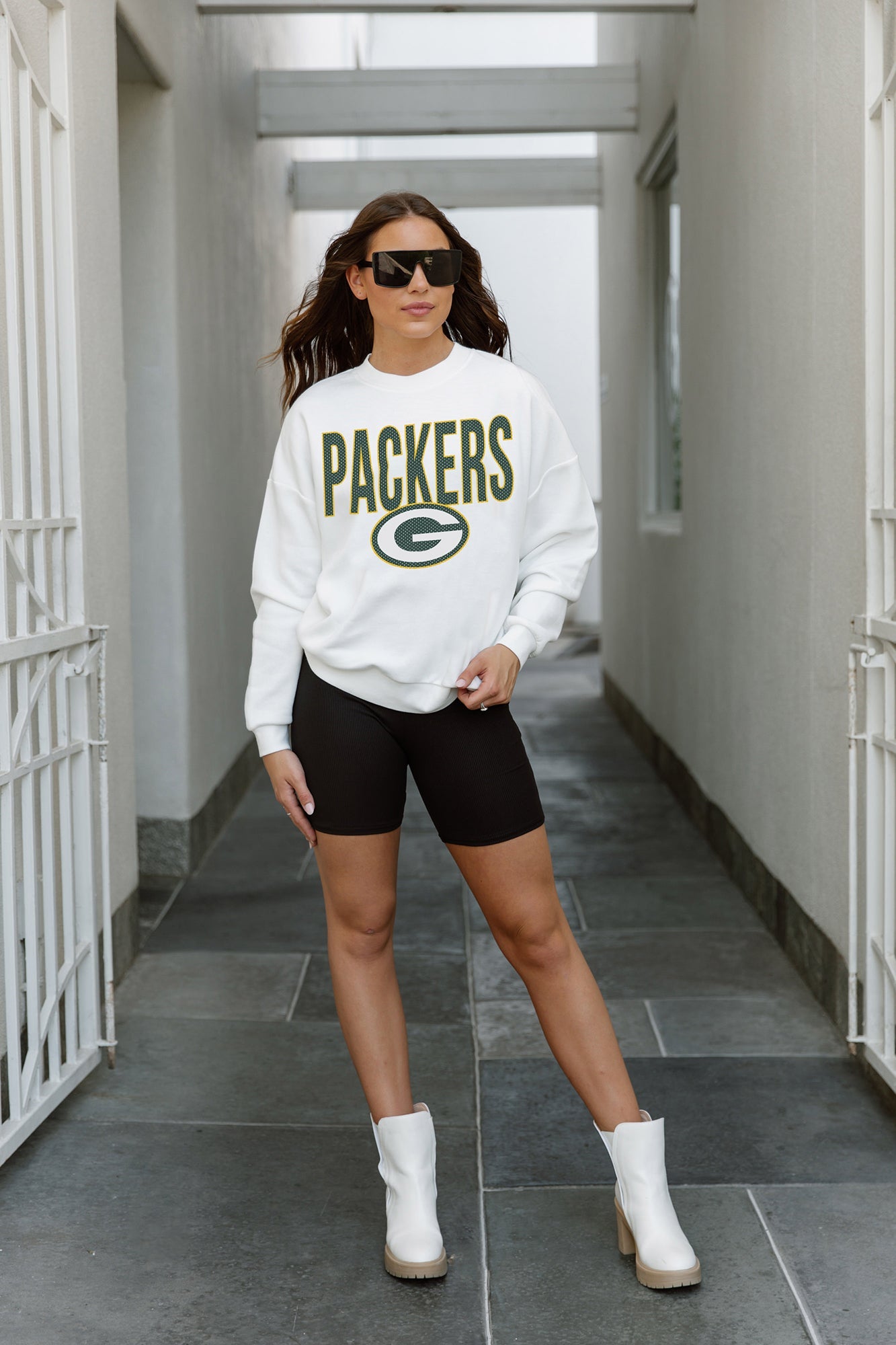 GREEN BAY PACKERS JUST GO WITH IT PREMIUM FLEECE DROP SHOULDER CREWNECK PULLOVER