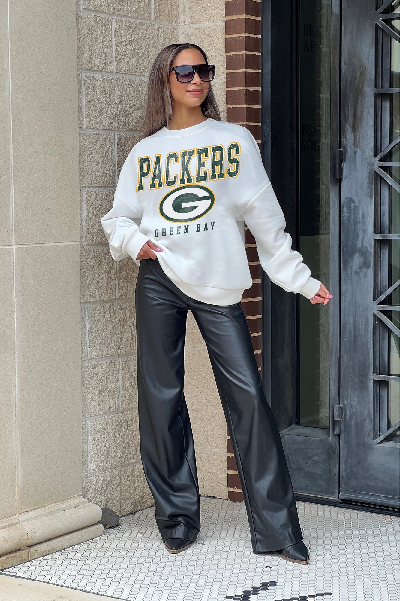 GREEN BAY PACKERS SUNDAY DRIVES PREMIUM FLEECE DROP SHOULDER CREWNECK PULLOVER