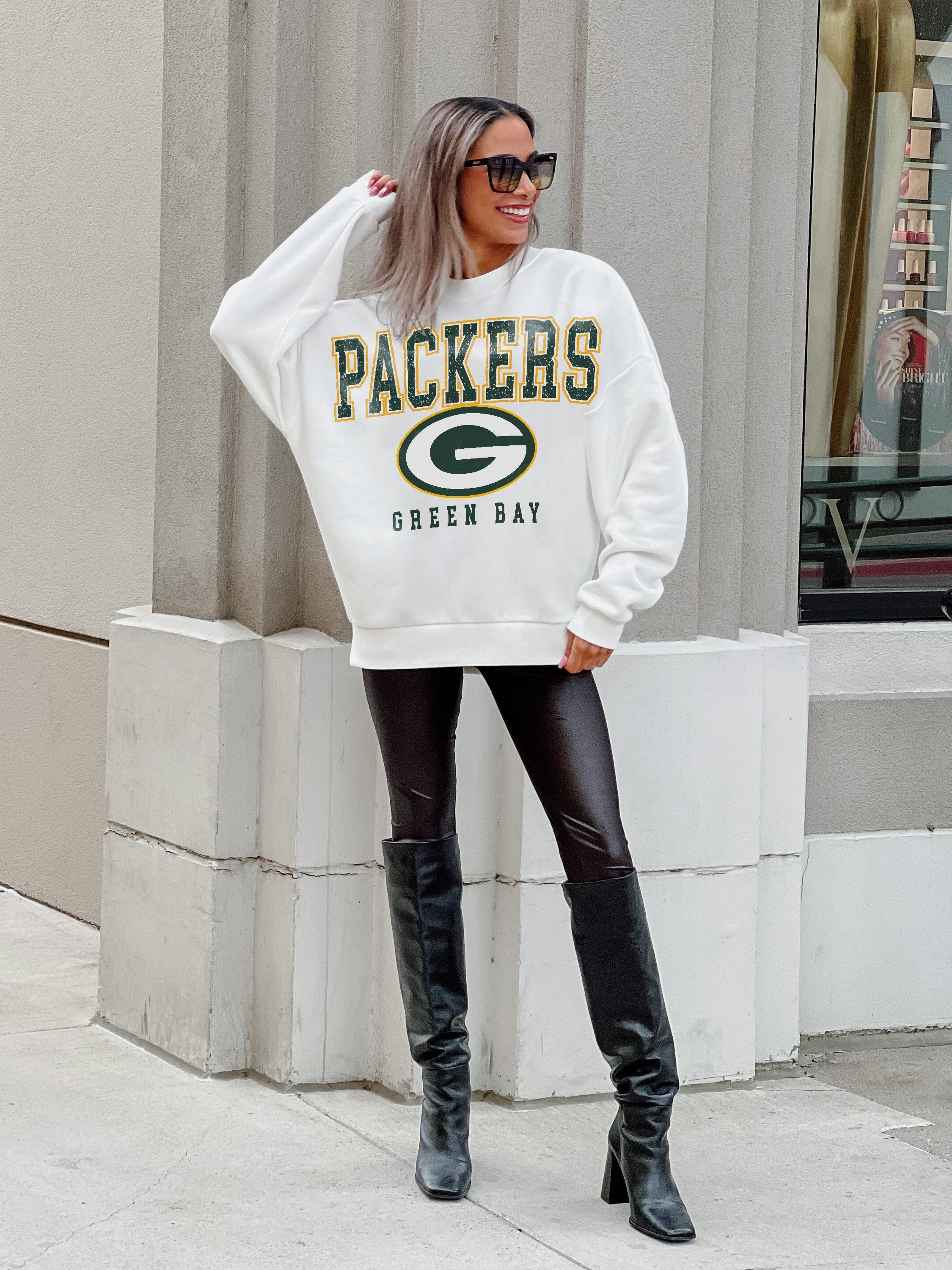 GREEN BAY PACKERS SUNDAY DRIVES PREMIUM FLEECE DROP SHOULDER CREWNECK PULLOVER