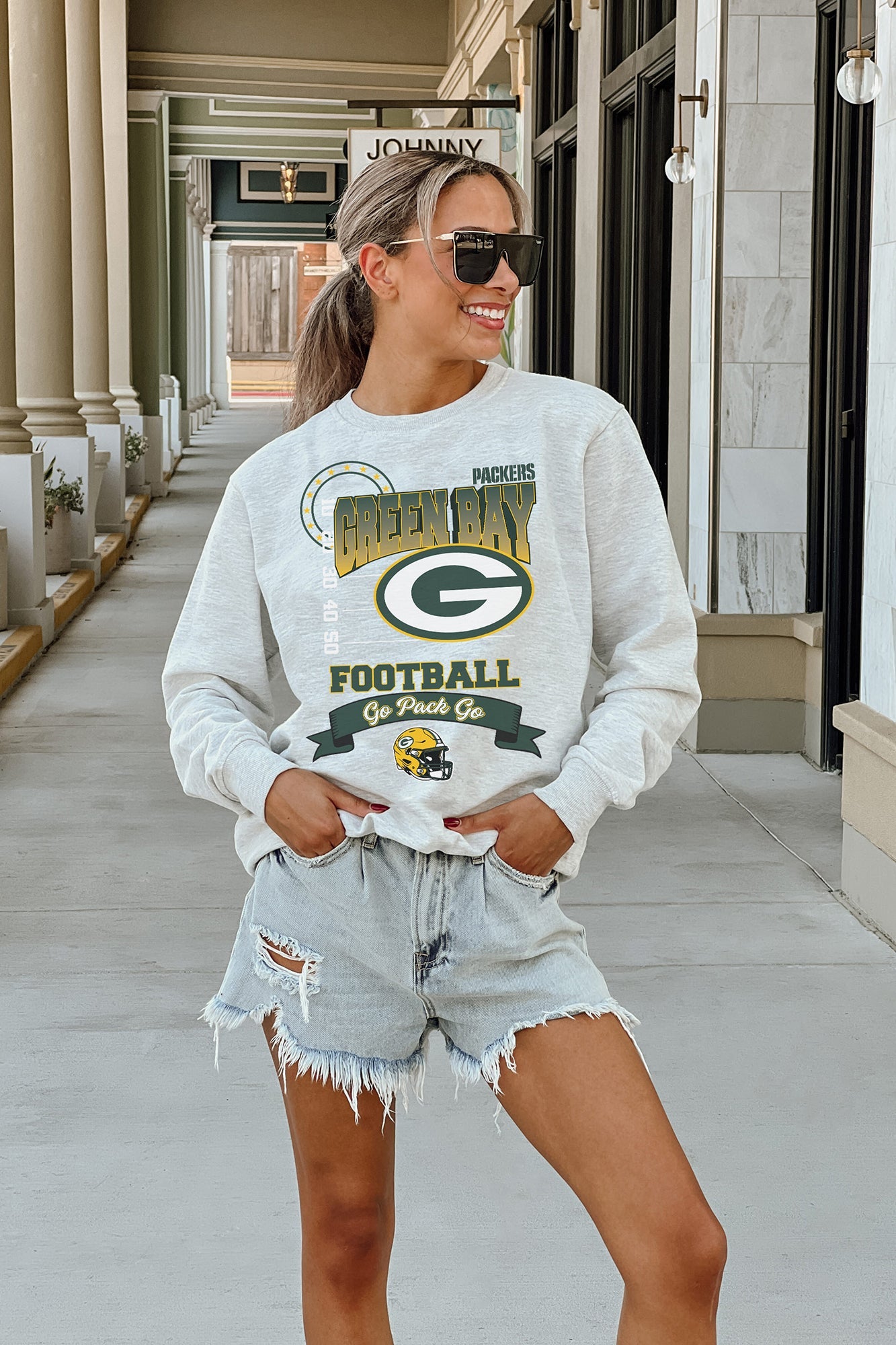 GREEN BAY PACKERS RUN THE SHOW PREMIUM FLEECE DROP SHOULDER CREWNECK PULLOVER