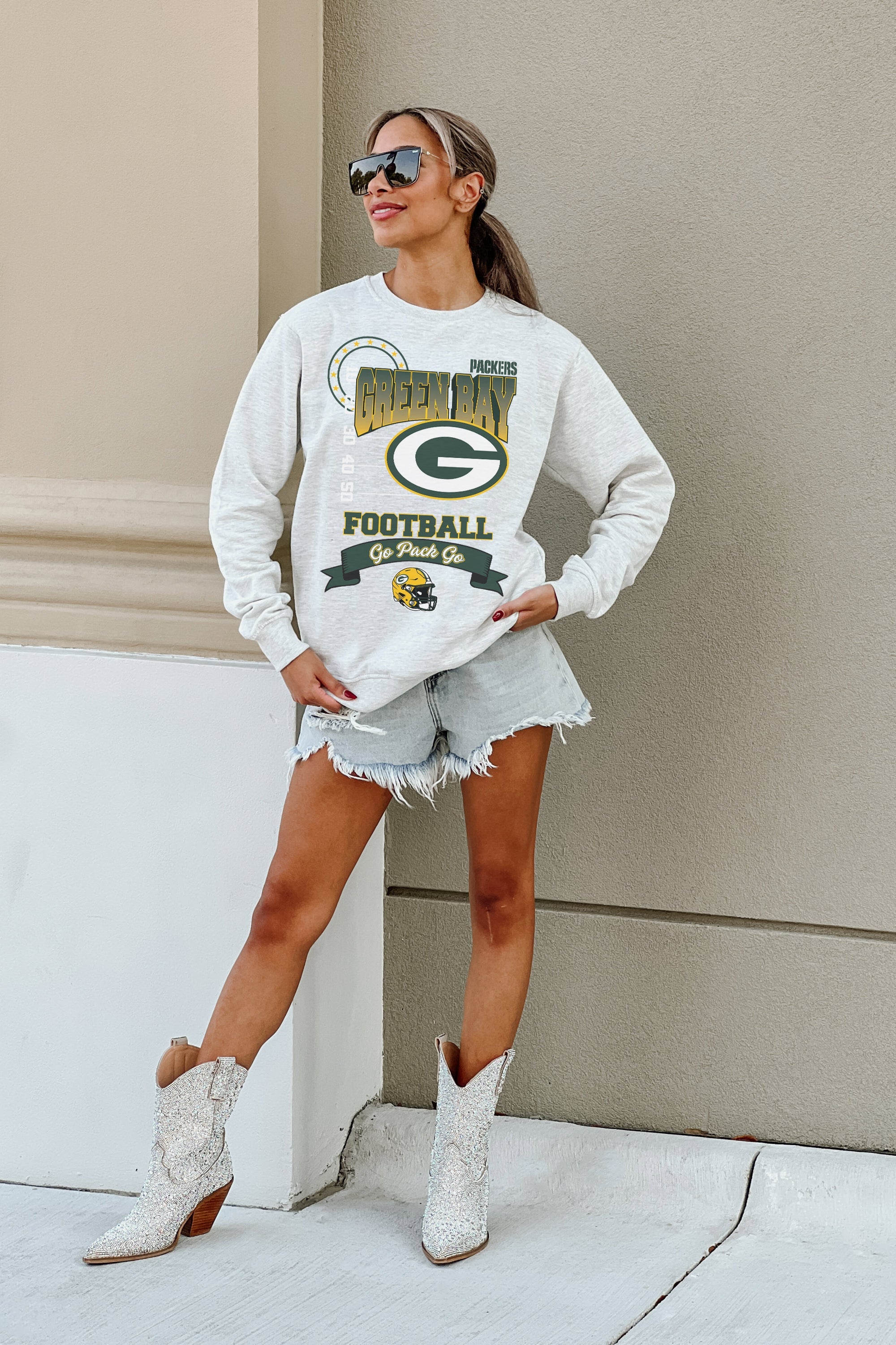 GREEN BAY PACKERS RUN THE SHOW PREMIUM FLEECE DROP SHOULDER CREWNECK PULLOVER