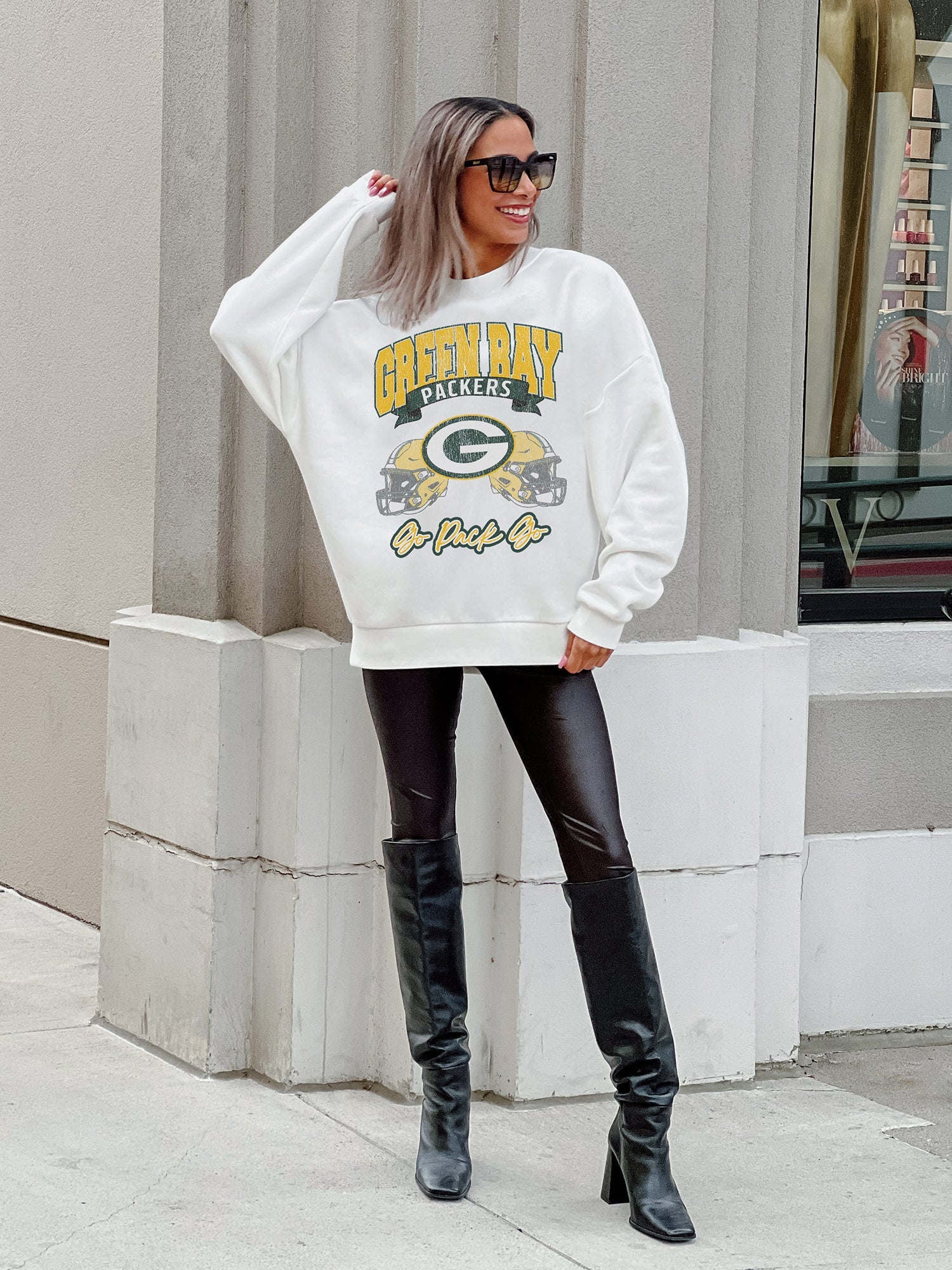 GREEN BAY PACKERS PASSING TIME PREMIUM FLEECE DROP SHOULDER CREWNECK PULLOVER