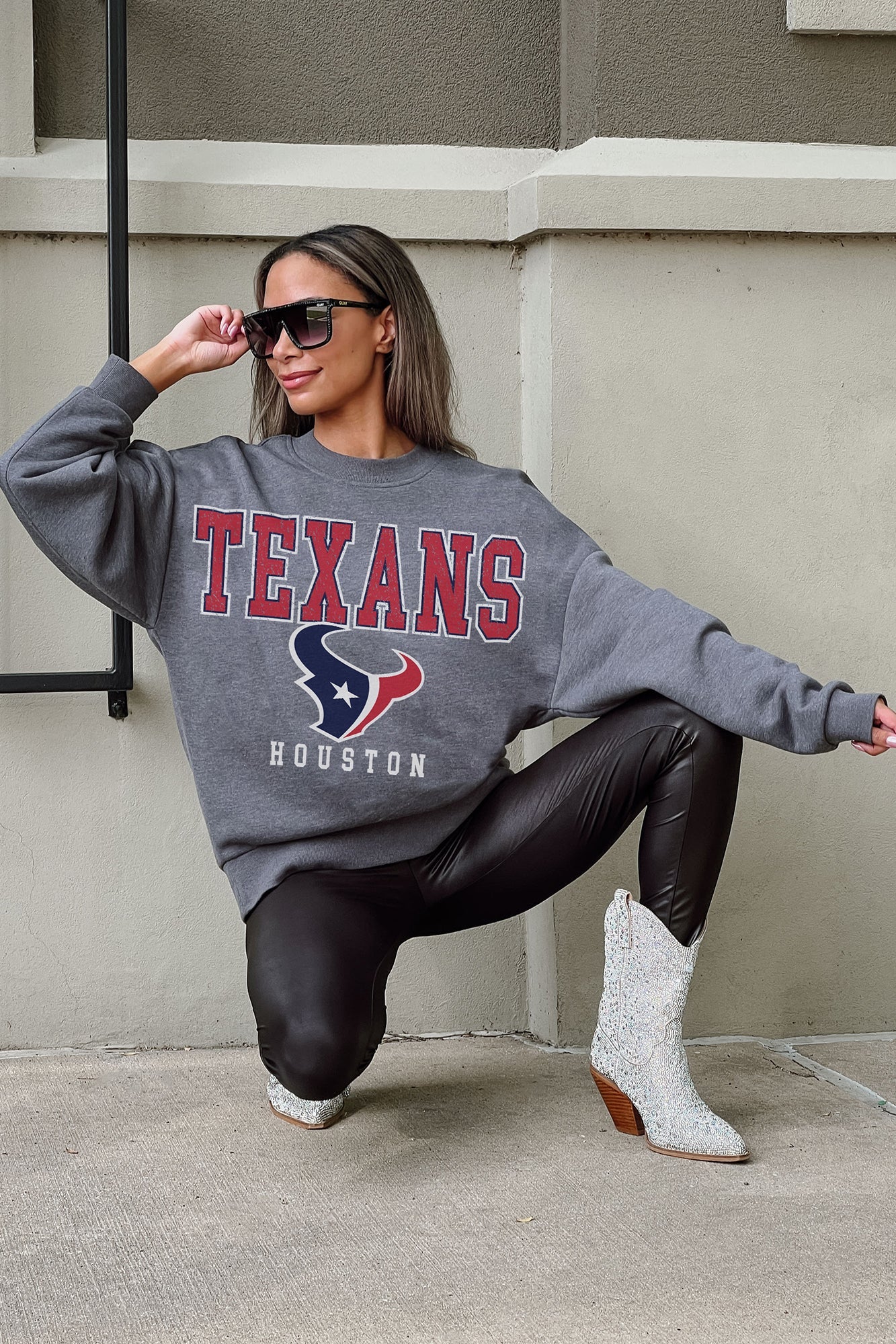 HOUSTON TEXANS JUST GO WITH IT PREMIUM FLEECE DROP SHOULDER CREWNECK  PULLOVER