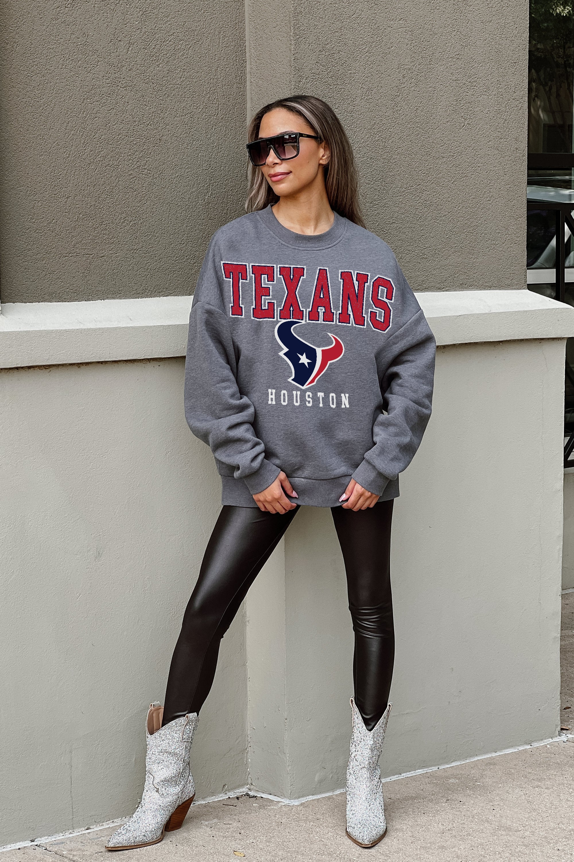 HOUSTON TEXANS JUST GO WITH IT PREMIUM FLEECE DROP SHOULDER CREWNECK  PULLOVER