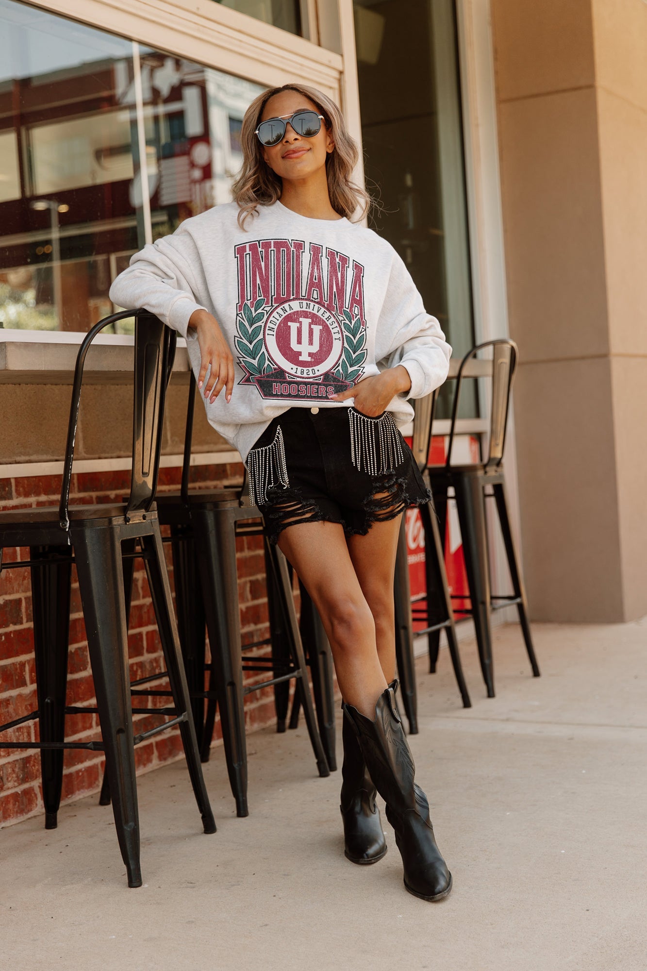 INDIANA HOOSIERS GO FIGHT WIN PREMIUM FLEECE DROP SHOULDER CREWNECK PULLOVER BY MADI PREWETT