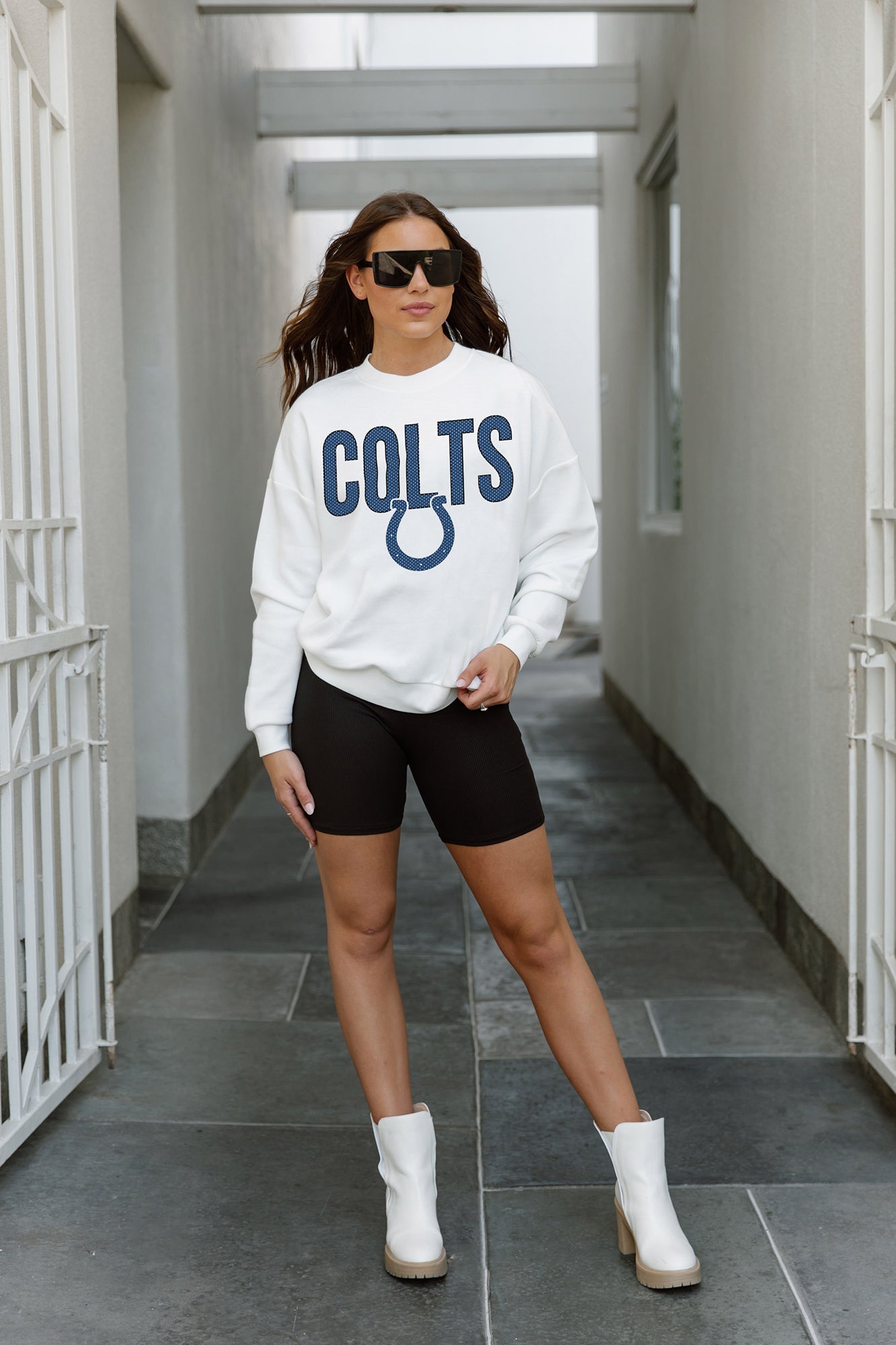 INDIANAPOLIS COLTS JUST GO WITH IT PREMIUM FLEECE DROP SHOULDER CREWNECK PULLOVER