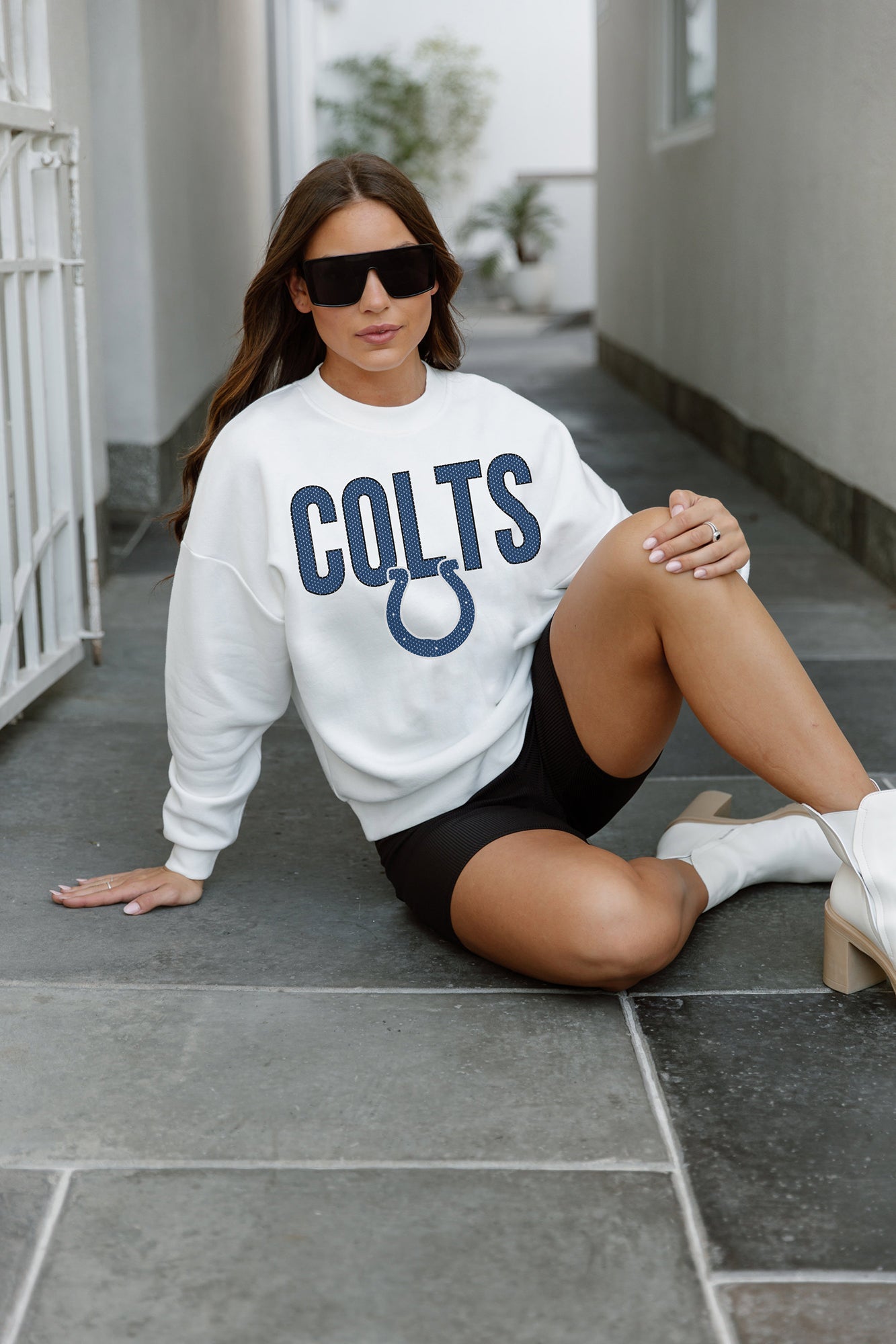 INDIANAPOLIS COLTS JUST GO WITH IT PREMIUM FLEECE DROP SHOULDER CREWNECK PULLOVER