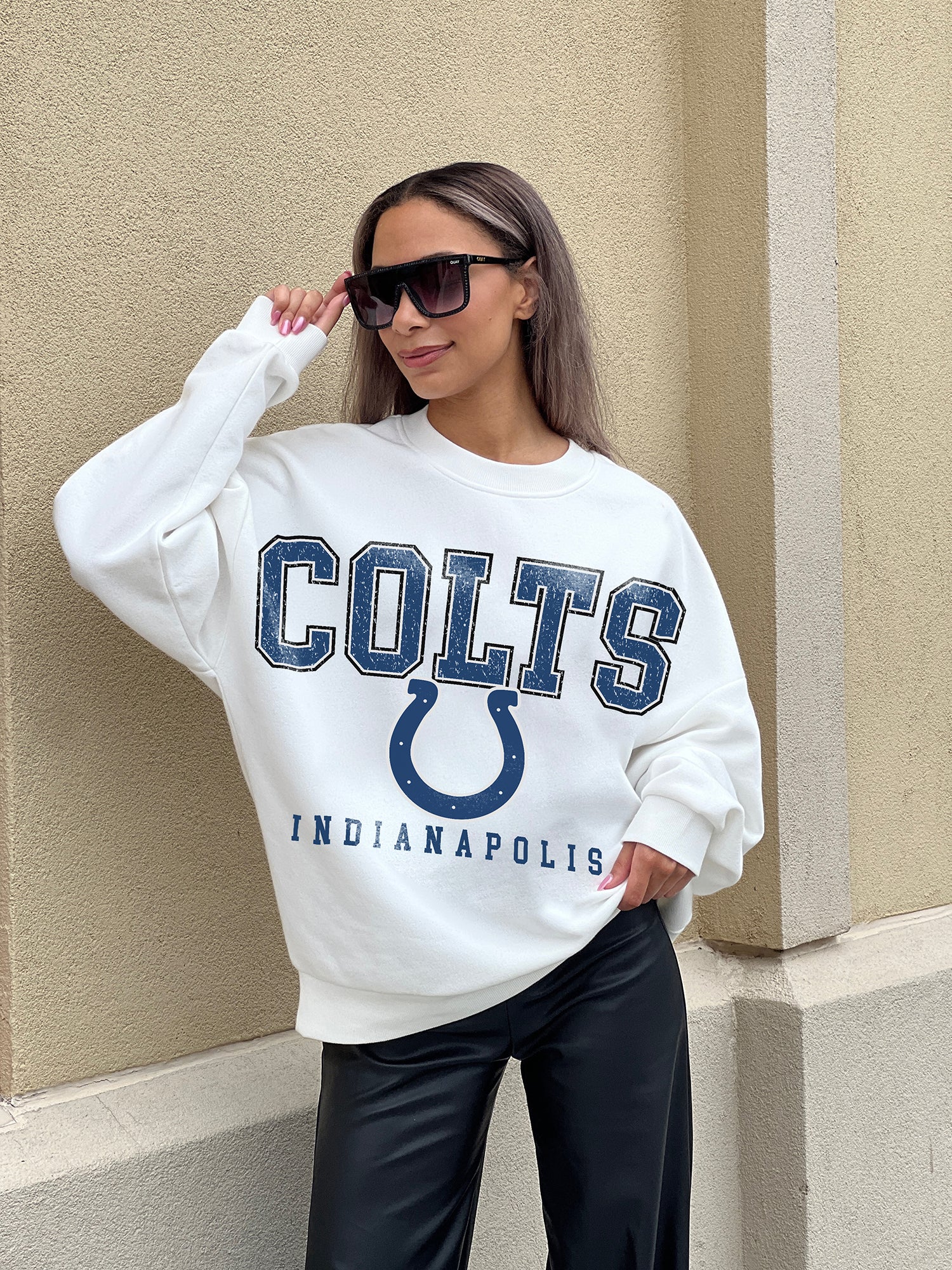 INDIANAPOLIS COLTS SUNDAY DRIVES PREMIUM FLEECE DROP SHOULDER CREWNECK PULLOVER