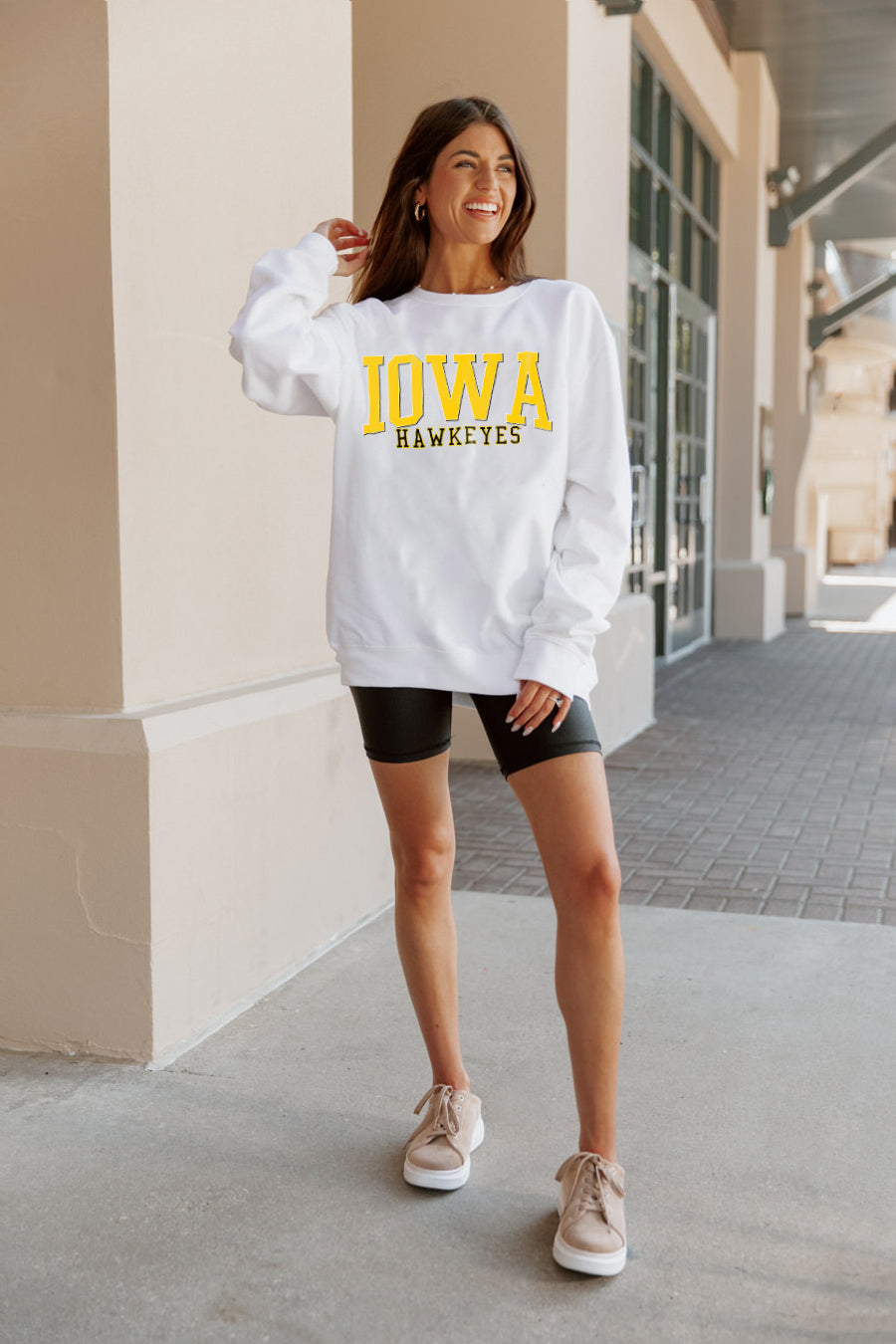 IOWA HAWKEYES WORK FOR IT CREW DROP SHOULDER PULLOVER BY MADI PREWETT