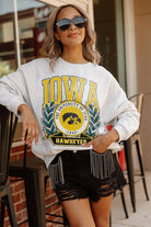 IOWA HAWKEYES GO FIGHT WIN PREMIUM FLEECE DROP SHOULDER CREWNECK PULLOVER BY MADI PREWETT