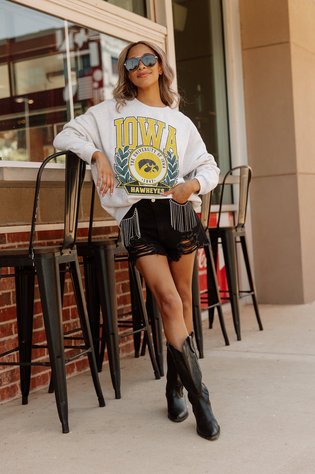 IOWA HAWKEYES GO FIGHT WIN PREMIUM FLEECE DROP SHOULDER CREWNECK PULLOVER BY MADI PREWETT