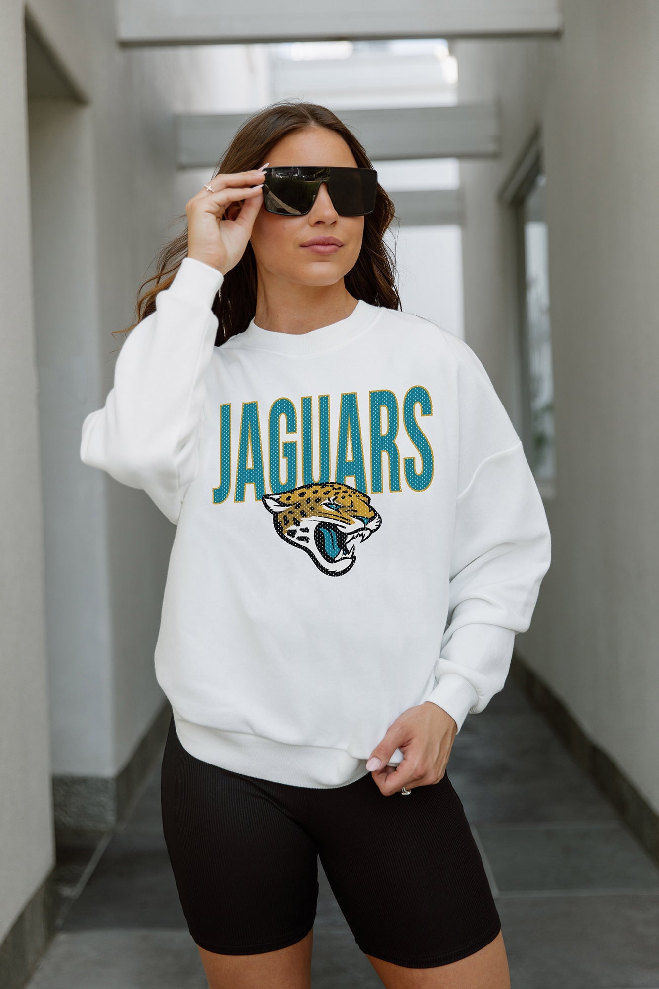 JACKSONVILLE JAGUARS JUST GO WITH IT PREMIUM FLEECE DROP SHOULDER CREWNECK PULLOVER