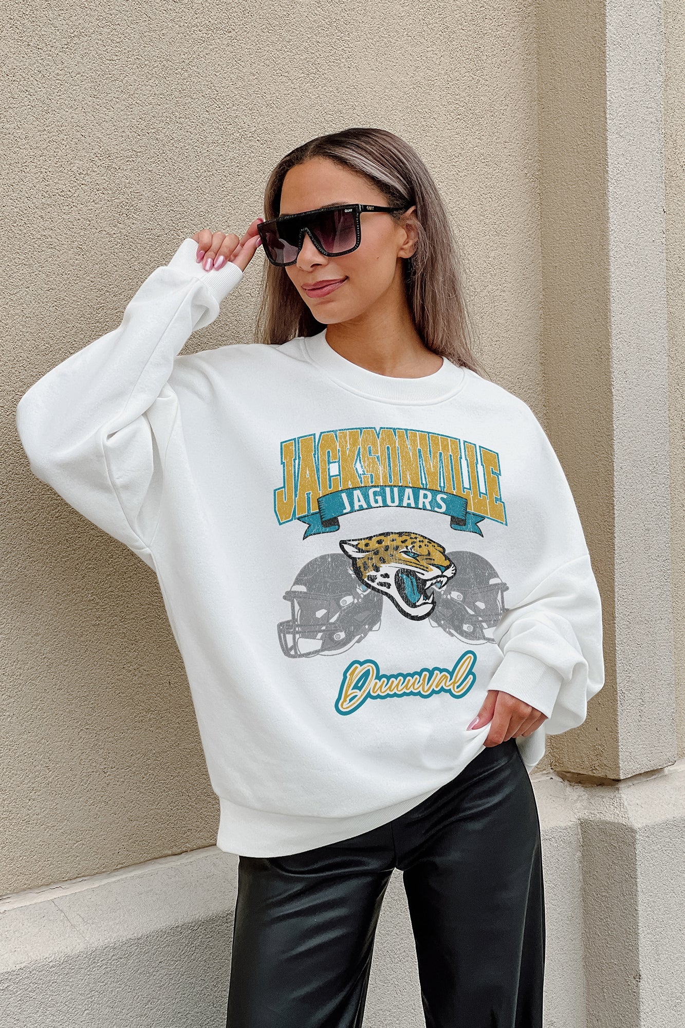 JACKSONVILLE JAGUARS PASSING TIME PREMIUM FLEECE DROP SHOULDER CREWNECK PULLOVER