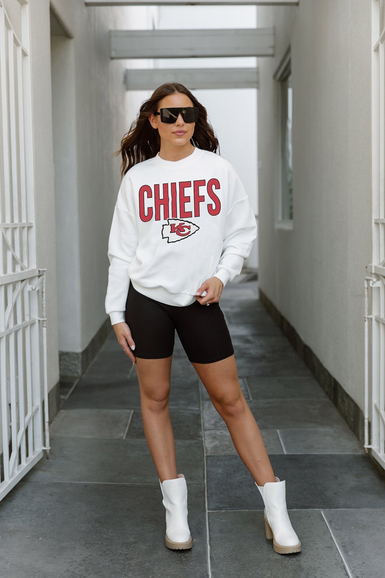 KANSAS CITY CHIEFS JUST GO WITH IT PREMIUM FLEECE DROP SHOULDER CREWNECK PULLOVER