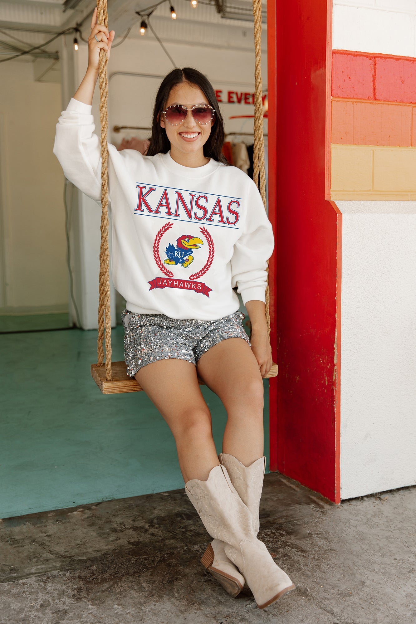 Women's Gameday Couture White Kansas Jayhawks All We've Got Premium Fleece Drop Shoulder Pullover Sweatshirt Size: Large