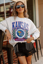 KANSAS JAYHAWKS GO FIGHT WIN PREMIUM FLEECE DROP SHOULDER CREWNECK PULLOVER BY MADI PREWETT