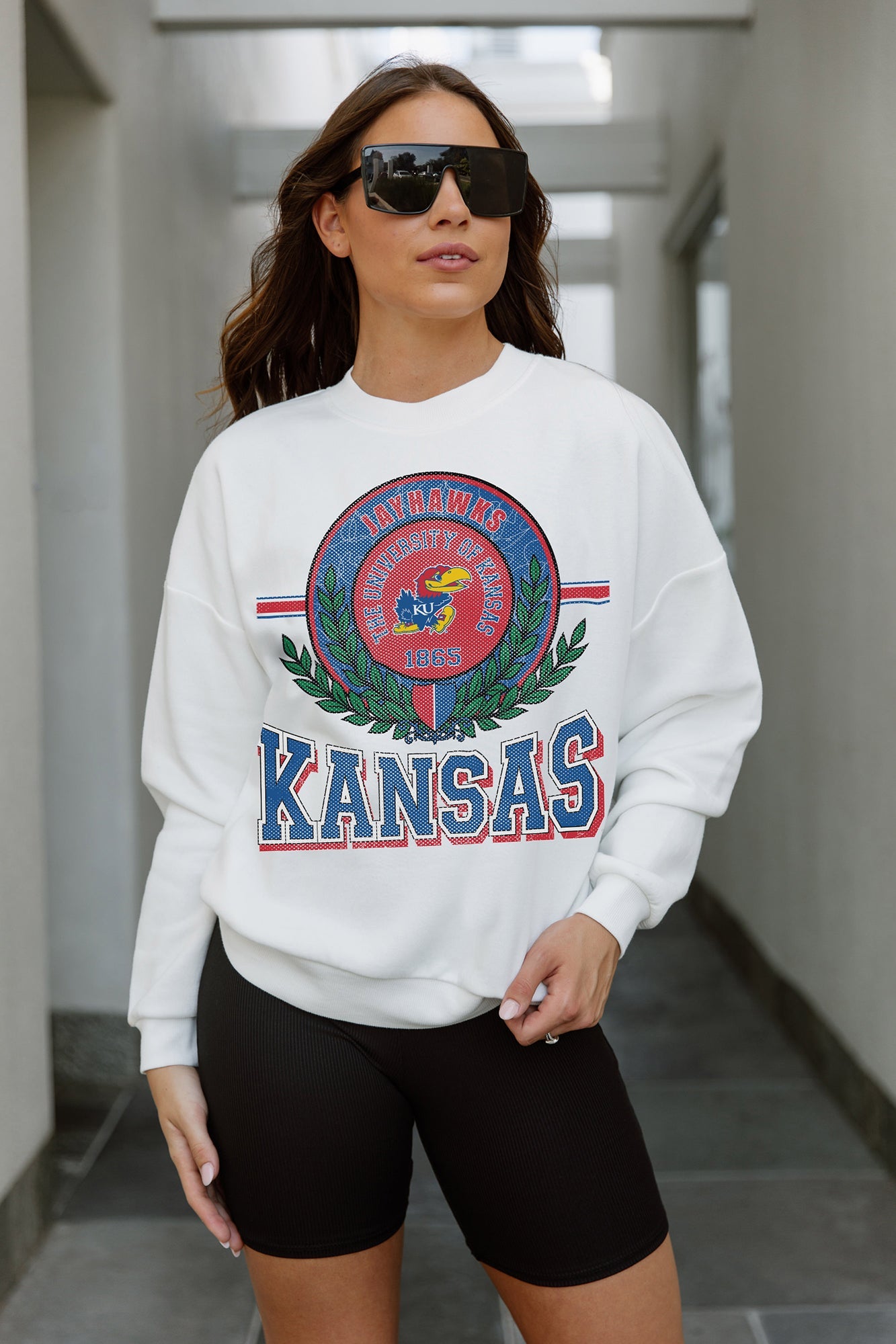 KANSAS JAYHAWKS HOT SHOT PREMIUM FLEECE DROP SHOULDER CREWNECK PULLOVER