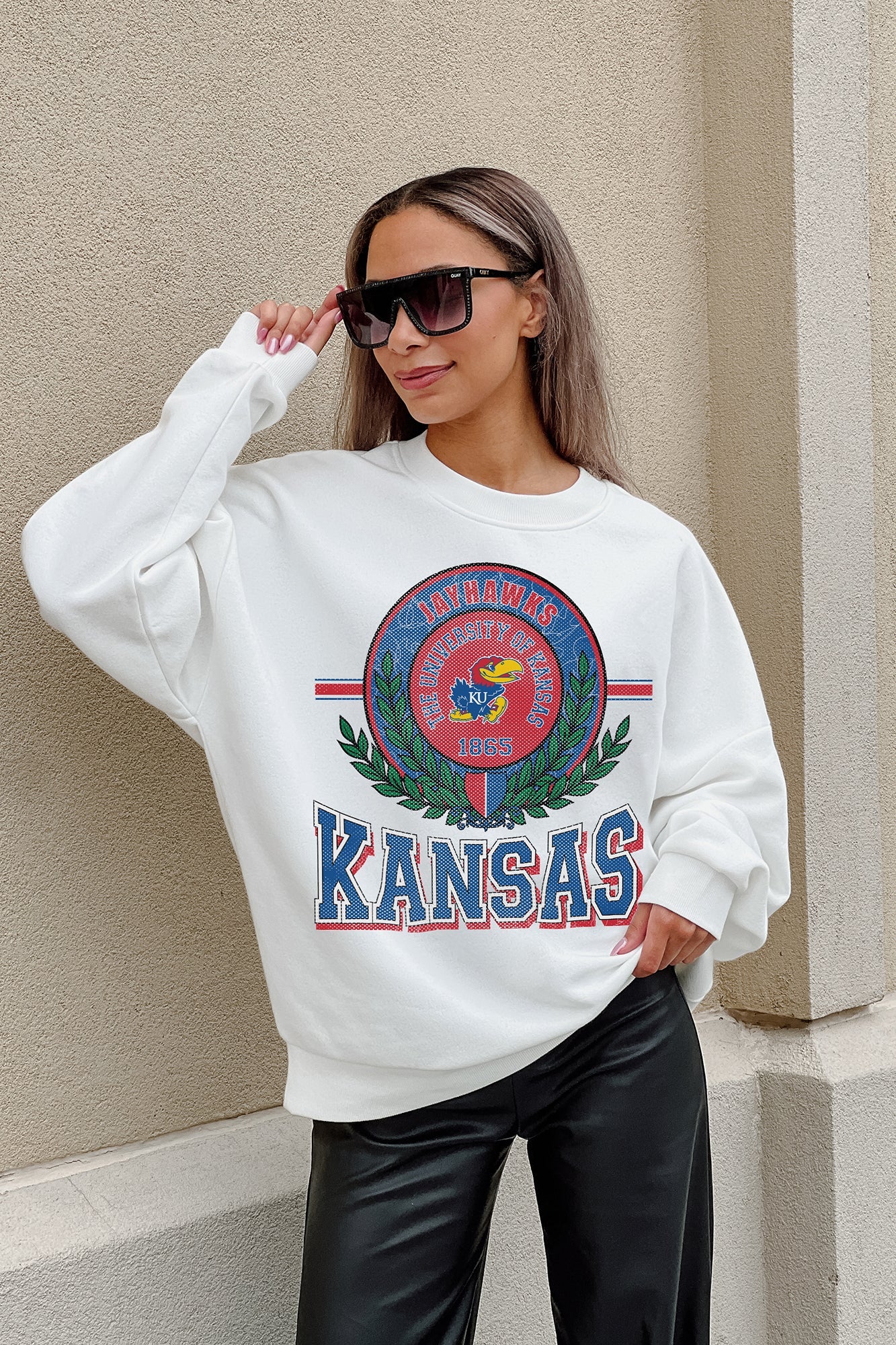 KANSAS JAYHAWKS HOT SHOT PREMIUM FLEECE DROP SHOULDER CREWNECK PULLOVER