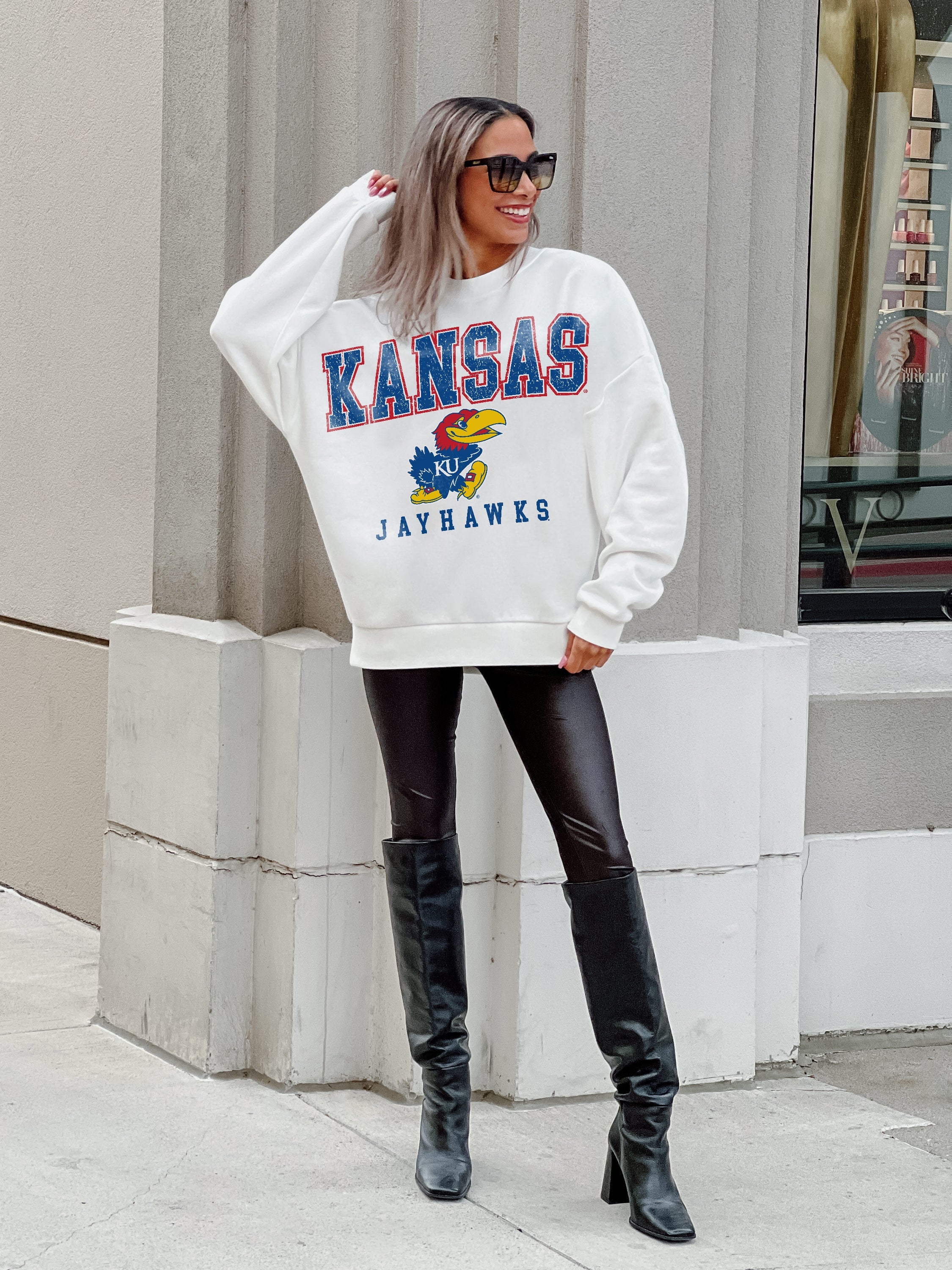 KANSAS JAYHAWKS FREESTYLE PREMIUM FLEECE DROP SHOULDER CREWNECK PULLOVER