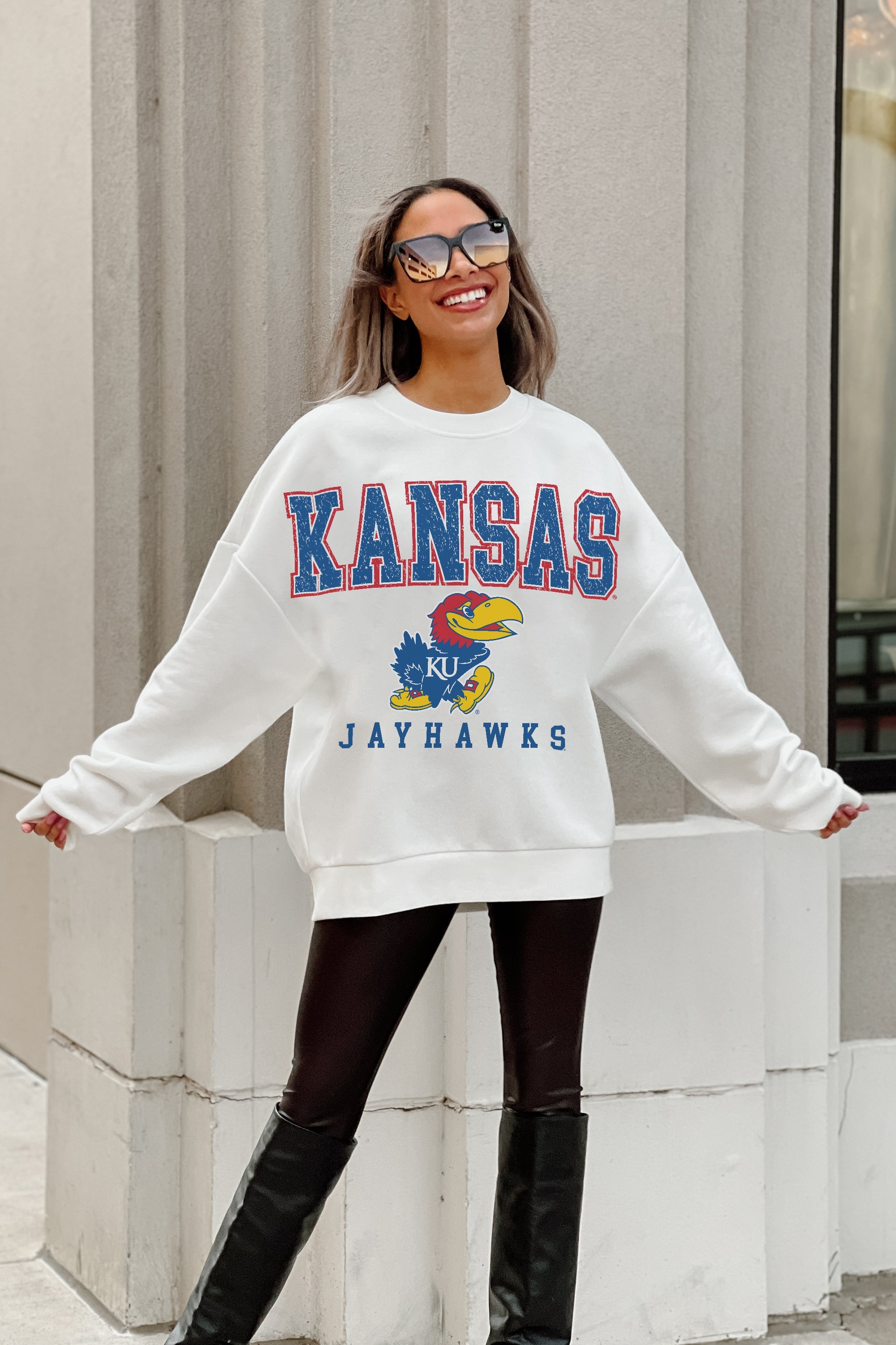 KANSAS JAYHAWKS FREESTYLE PREMIUM FLEECE DROP SHOULDER CREWNECK PULLOVER