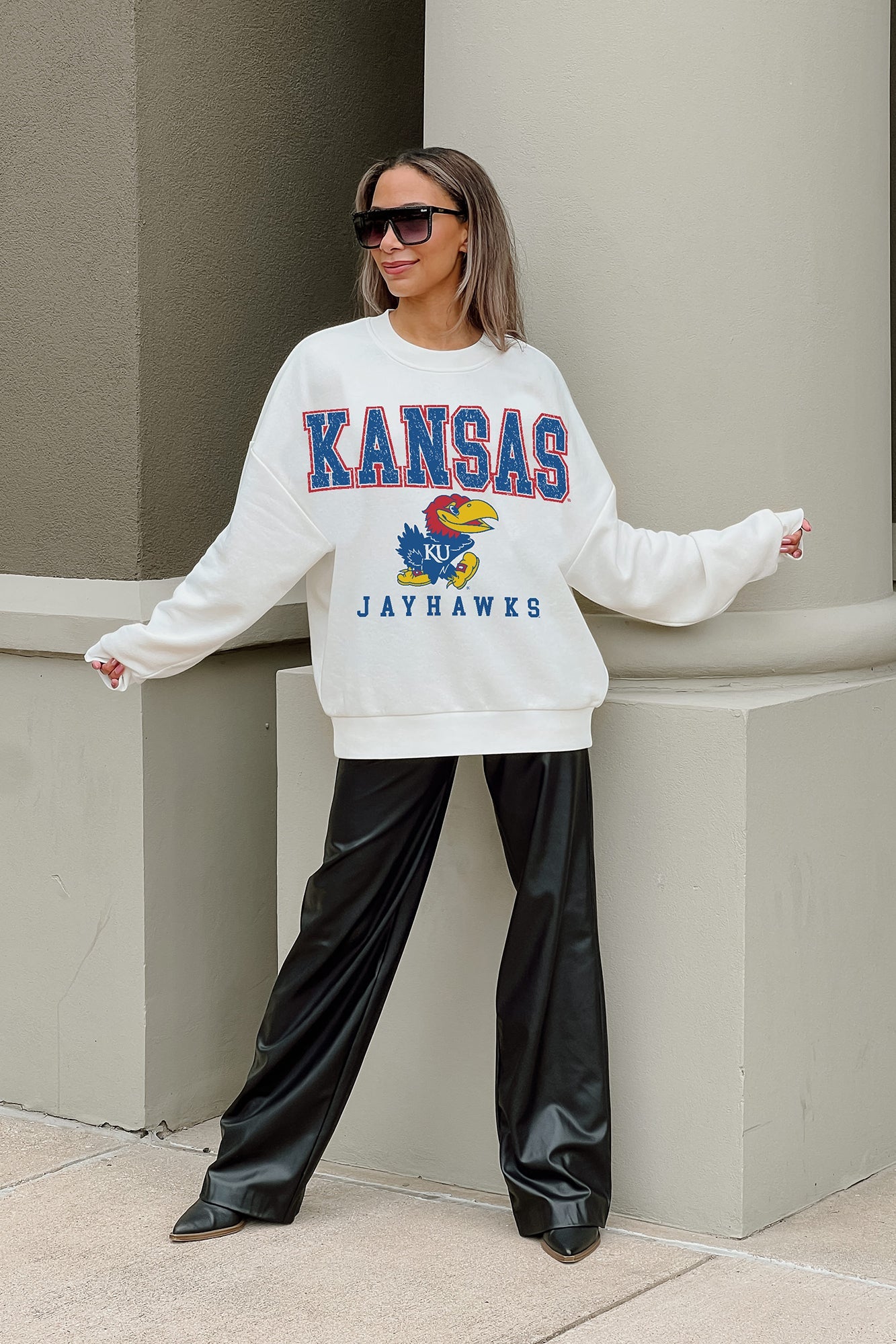 KANSAS JAYHAWKS FREESTYLE PREMIUM FLEECE DROP SHOULDER CREWNECK PULLOVER