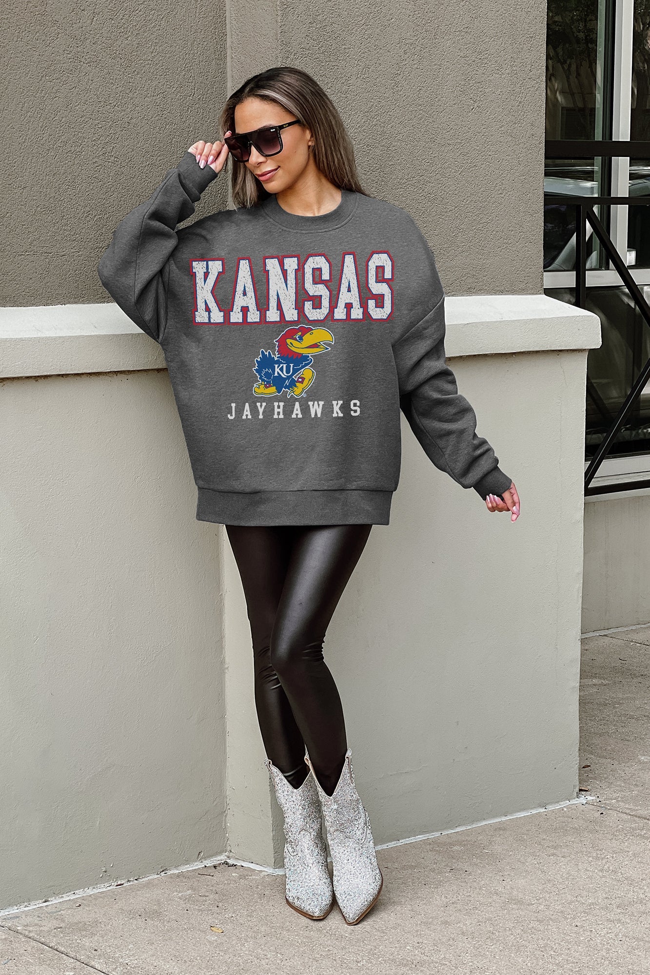 KANSAS JAYHAWKS EASY STREET PREMIUM FLEECE DROP SHOULDER CREWNECK PULLOVER