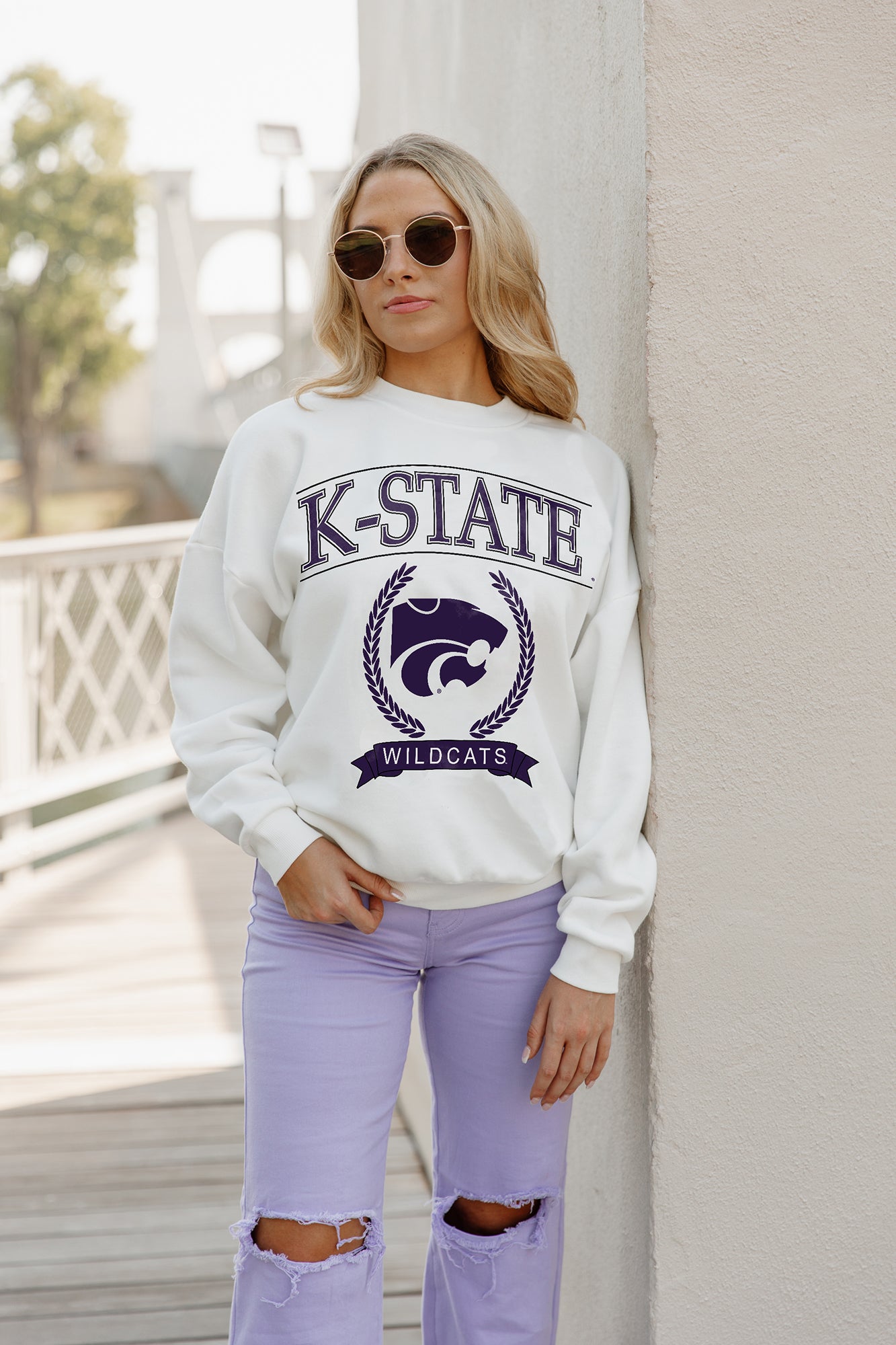 KANSAS STATE WILDCATS HAVING A BALL PREMIUM FLEECE DROP SHOULDER CREWNECK PULLOVER BY MADI PREWETT