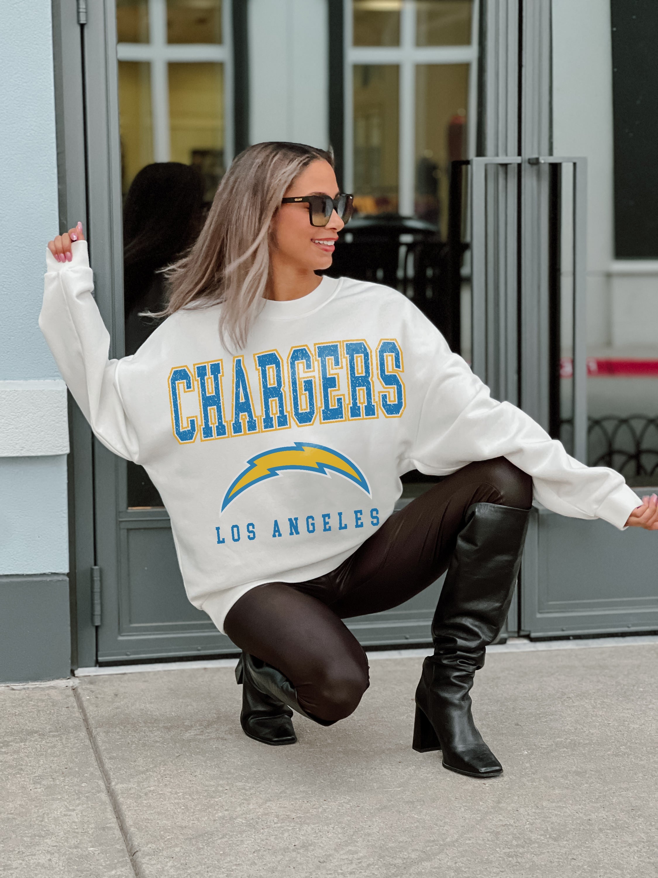 Women's Gameday Couture Gray Los Angeles Chargers Gladiator Studded Sleeve Cropped T-Shirt Size: Medium