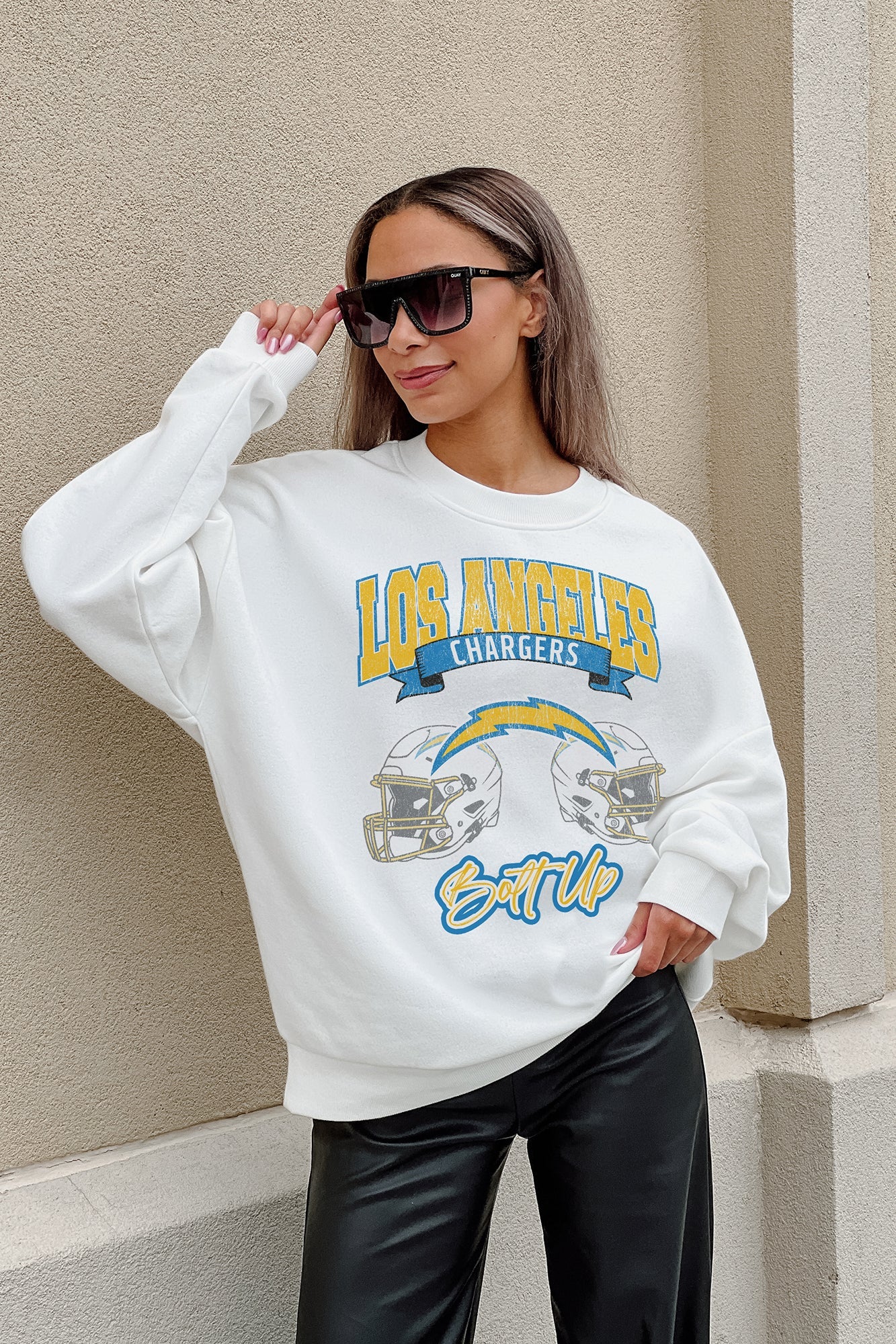 LOS ANGELES CHARGERS PASSING TIME PREMIUM FLEECE DROP SHOULDER CREWNECK PULLOVER