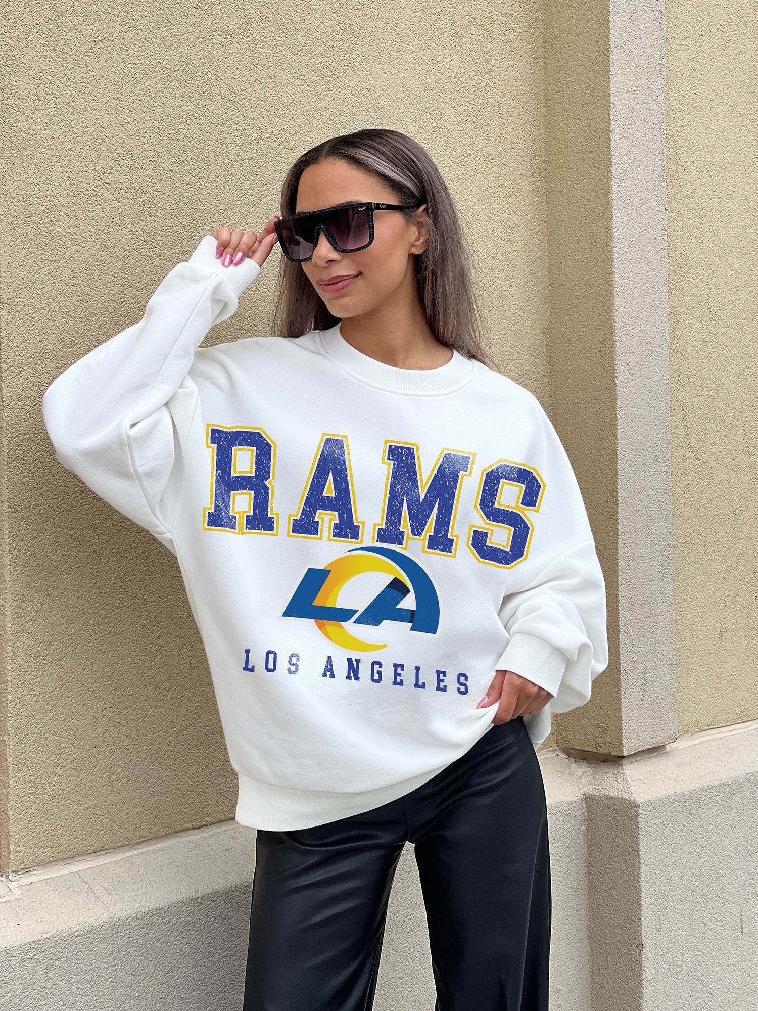 LOS ANGELES RAMS SUNDAY DRIVES PREMIUM FLEECE DROP SHOULDER CREWNECK PULLOVER